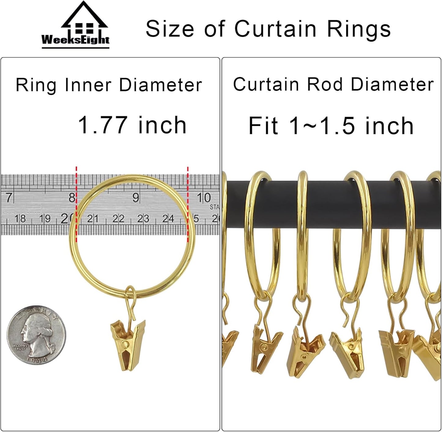 20 Pack Gold Curtain Rings with Clips, Curtain Hooks Hangers Clip Rings for Hanging Drapes Bows Hat, Drapery Rings 1.77 in I D, Fits up to 1.5 in Diameter Curtain Rod.