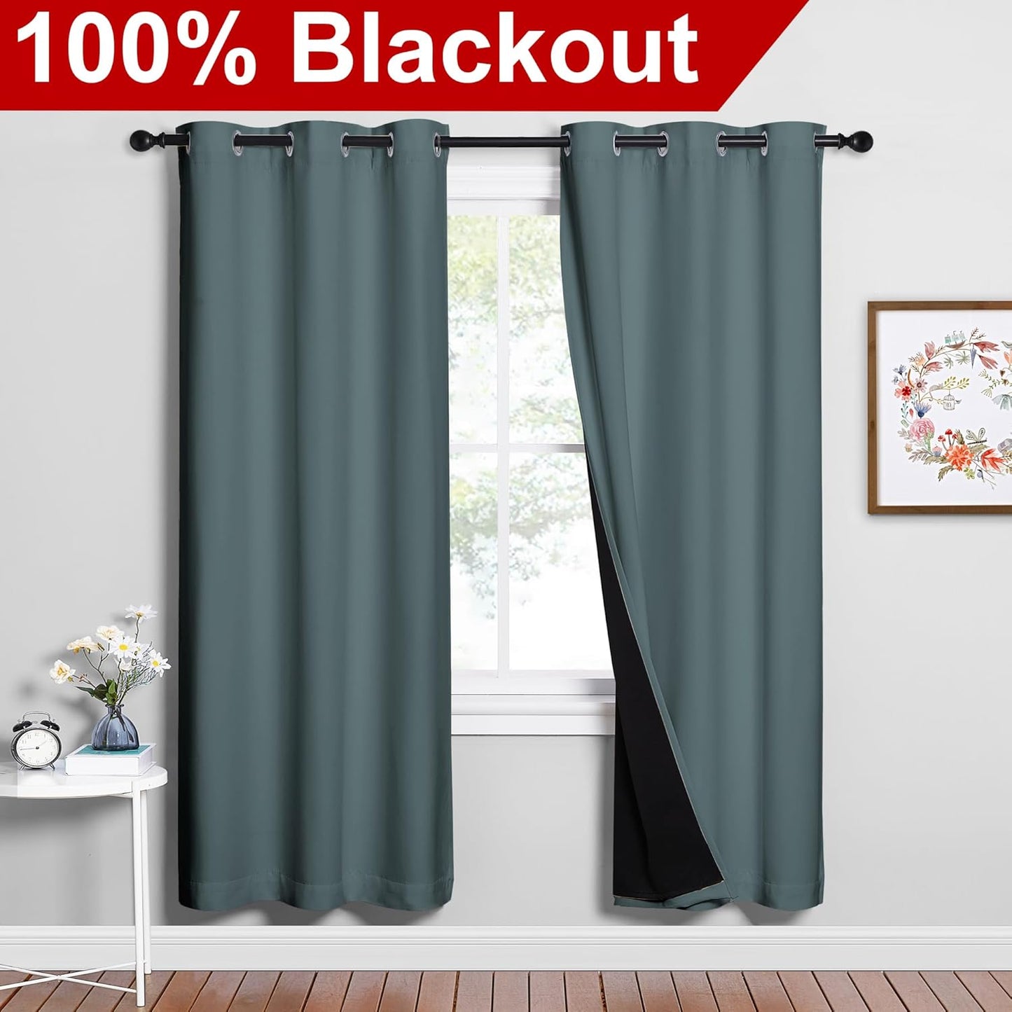 NICETOWN Full Shade Curtain Panels, 37" Wide x 70" Long, Greyish Blue, Pair of Thermal Insulated & Energy Efficiency Blackout Drapes for Living Room, Lined Silky Performance Window Dressing