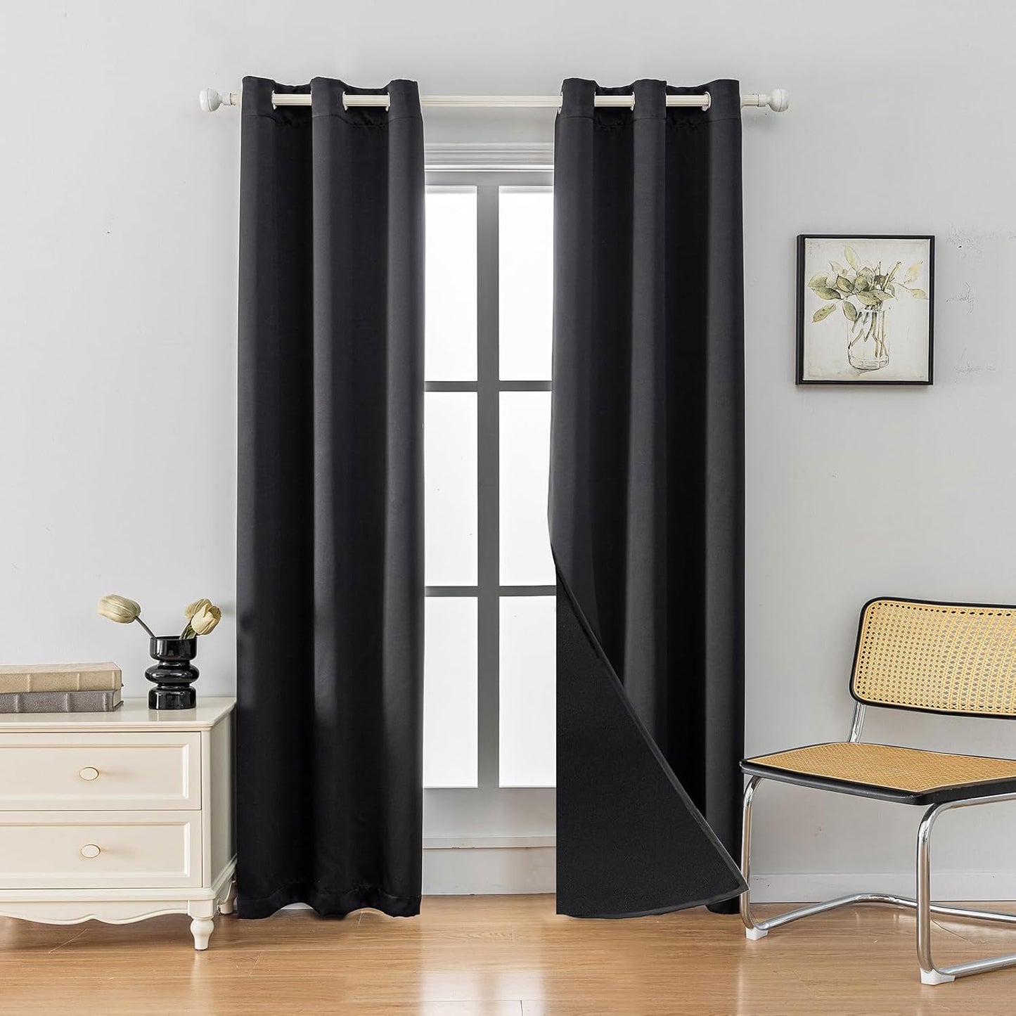 Anytime 100% Blackout Curtain Set, Thermal Insulated & Energy Efficiency Window Draperies for Guest Room, Full Shading Panels for Shift Worker and Light Sleepers（Black, 2 Panels, 37W x 84L）