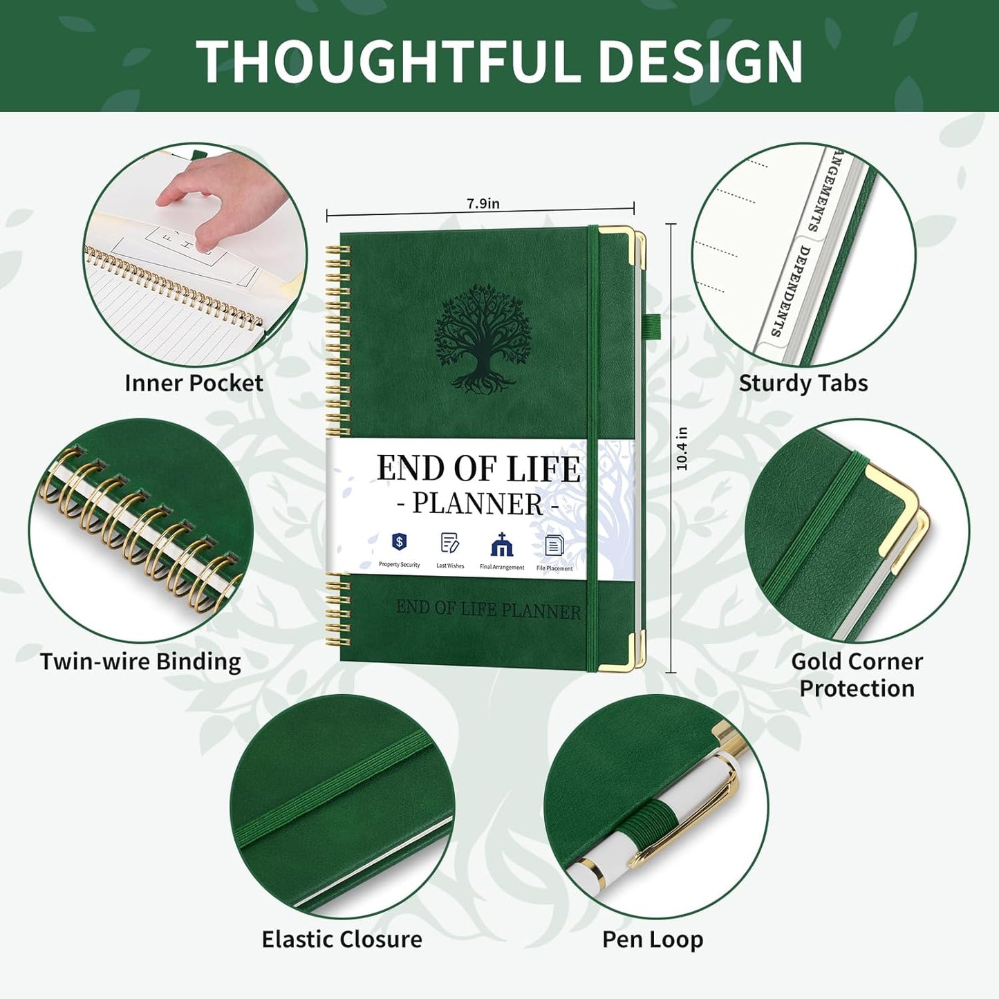 End of Life Planner, Spiral Estate Planning Organizer with Tabs for Senior, I'm Dead Now What Planner for Final Arrangements & Important Affairs with Large Print, 7.9"x10.4", Green