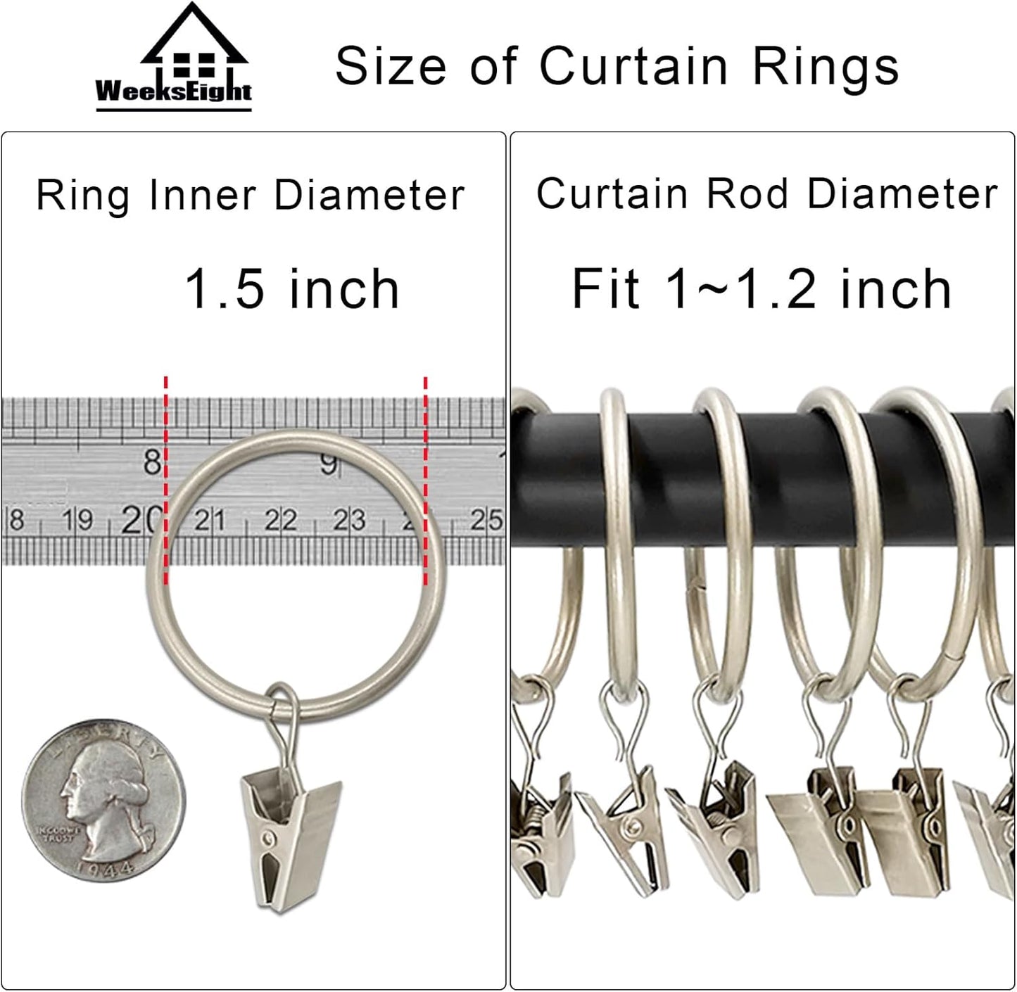 100 Pack Matte Silver Curtain Rings with Clips, Curtain Hooks Hangers Clip Rings for Hanging Drapes Bows Hat, Drapery Rings 1.5 in I D, Fits up to 1.2 in Diameter Curtain Rod.