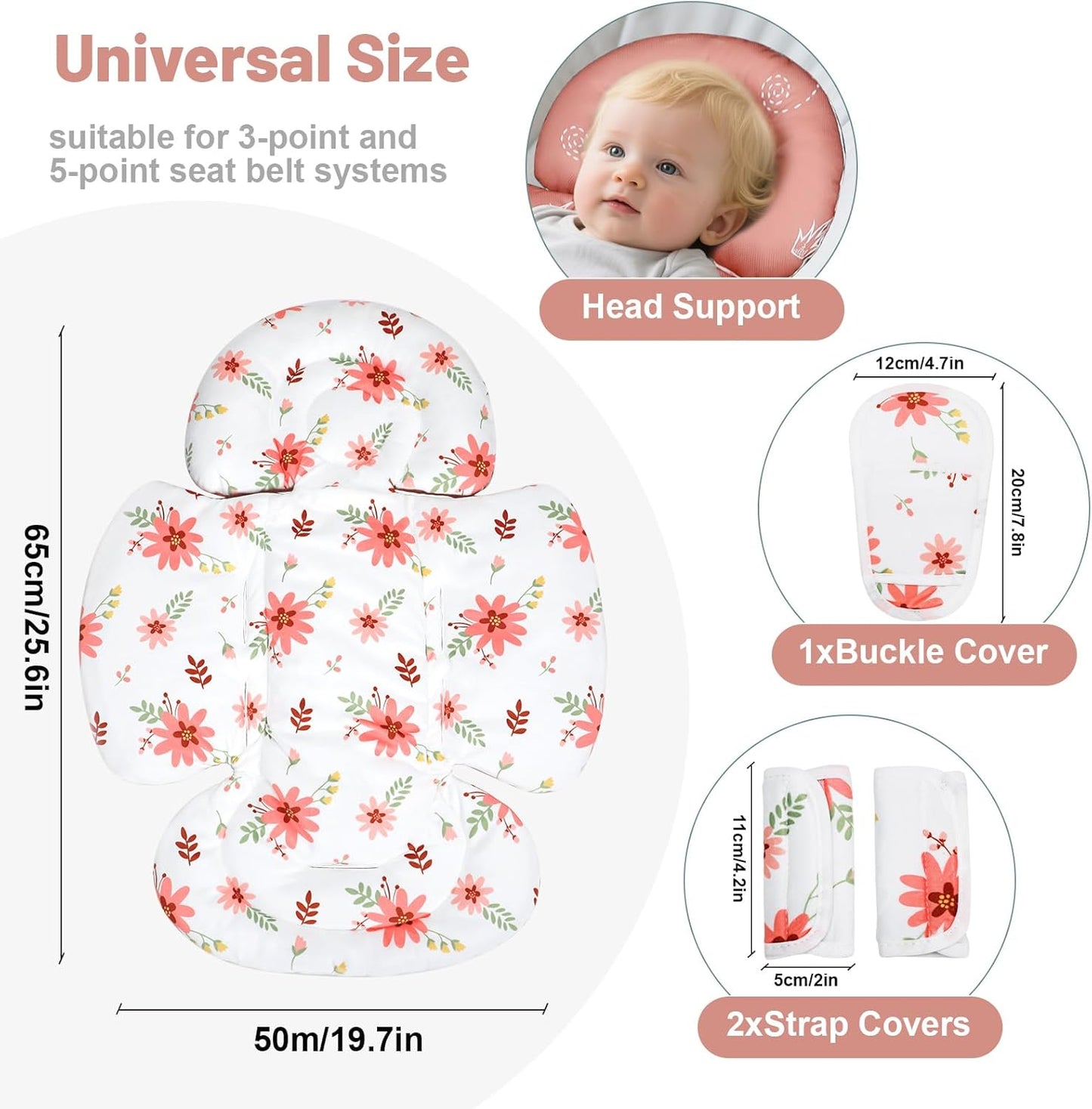 KAKIBLIN Infant Car Seat Insert, Baby Car Seat Cushion, Car Seat Head Support for Infant,Breathable Reversible Carseat Insert Support for Newborn Stroller, Baby Swing, Bassinets, Pushchair (Pink)