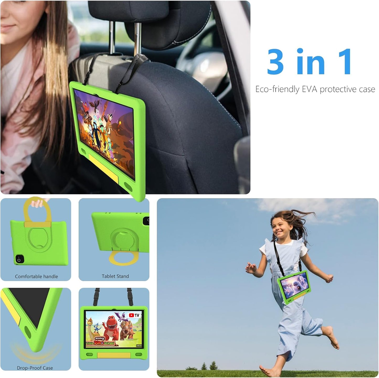 Tablet for Kids 10.1 inch Android 14 6000mHA 8GB RAM+64GB ROM(Expandable to 1TB Kids Tablet Age 3-12 with Case& Lanyard WiFi6 Google Kids Space Parental Control 1280 * 800 HD Screen Green