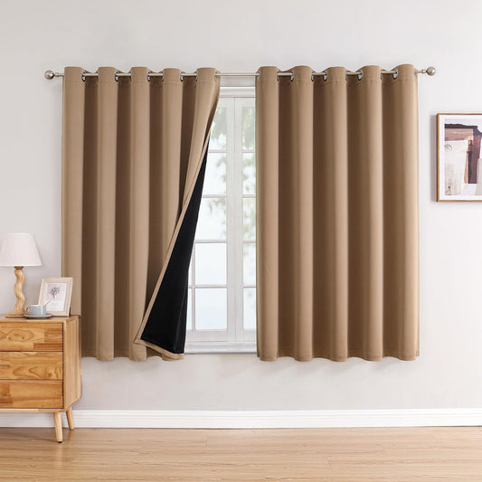 ChrisDowa 100% Blackout Curtains 63 inch Long for Bedroom with Black Liner, Extra Wide 2 Thick Layers Total Blackout Thermal Insulated Grommet Window Curtains 2 Panels Set (Cappuccino, 60 x 63 Inch)
