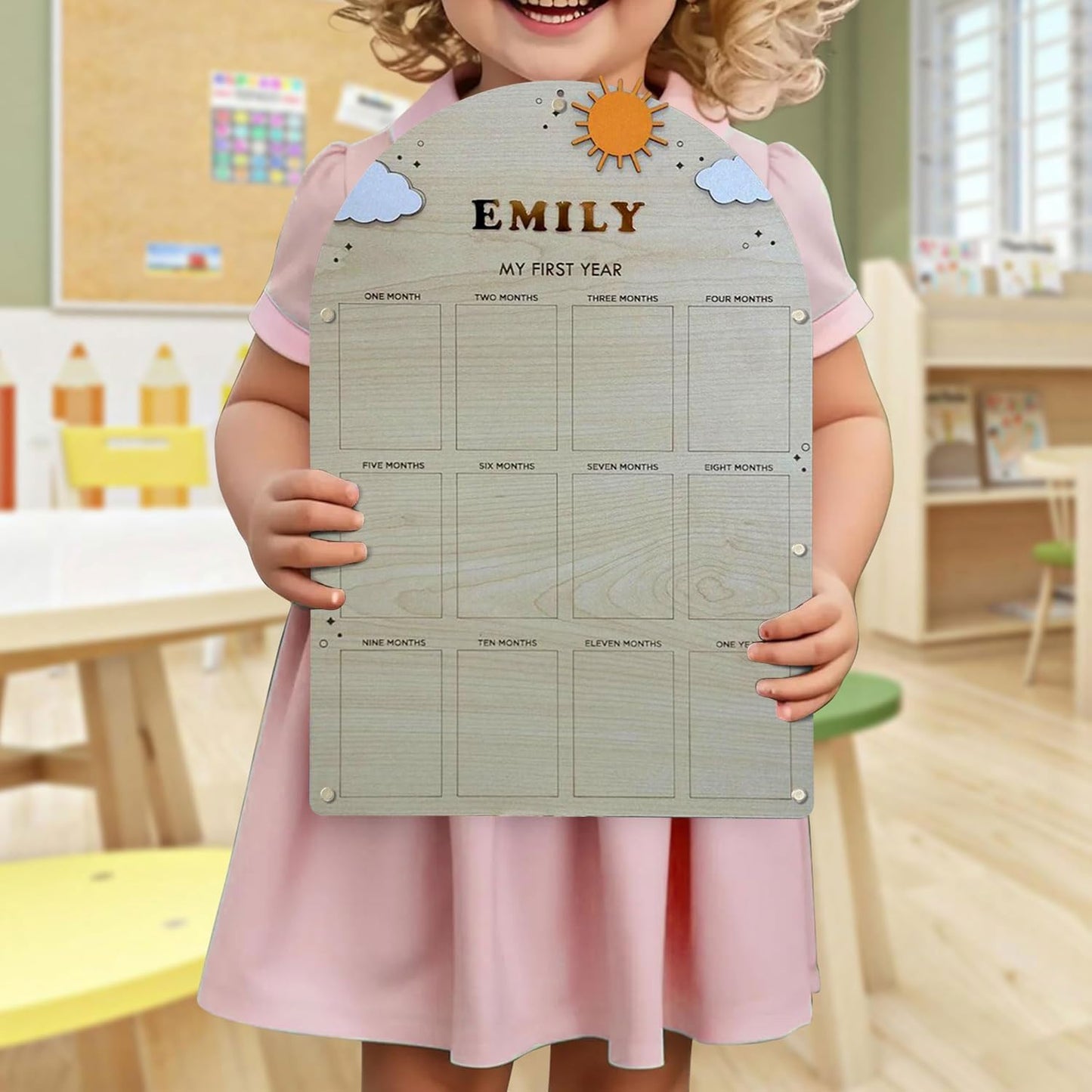 V-DECORPARKS Personalized My First Year Photo Frame | 12 Months Picture Frame For Baby First Year | Displays Twelve 2x3 Pictures | Birthday Party Decor Newborn Memory Keepsake