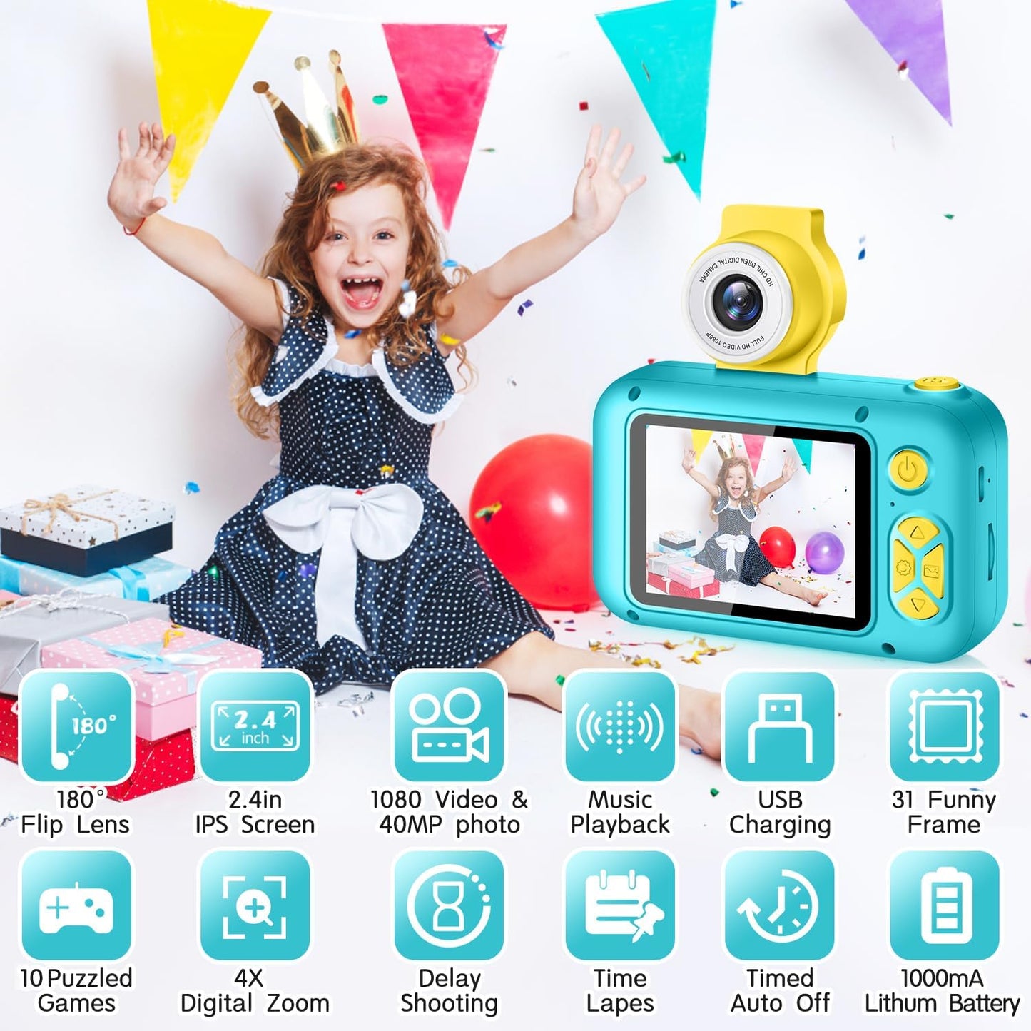 Kids Camera, Toddler Kid Digital Camera with 180°Flip Lens & 2.4in IPS Screen, Birthday Festival Gifts Present Toy for 4 5 6 7 8 9 10 11 Year Old Girls/Boys, 32 GB Card Included, X101