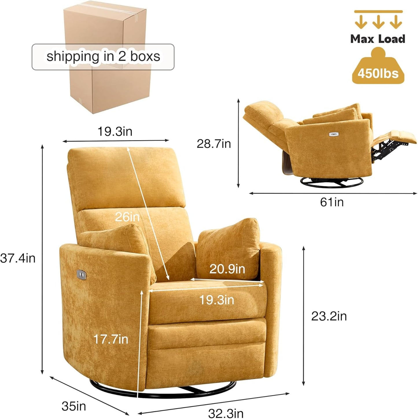 Recliner Swivel Glider Electric Rocking Chair with USB Port,Multifunction Power Recliner Living Room Bedroom with Upholstered Nursery Chair Adult Rocking Chair with 2 Pillows (Yellow, Power-Driven)