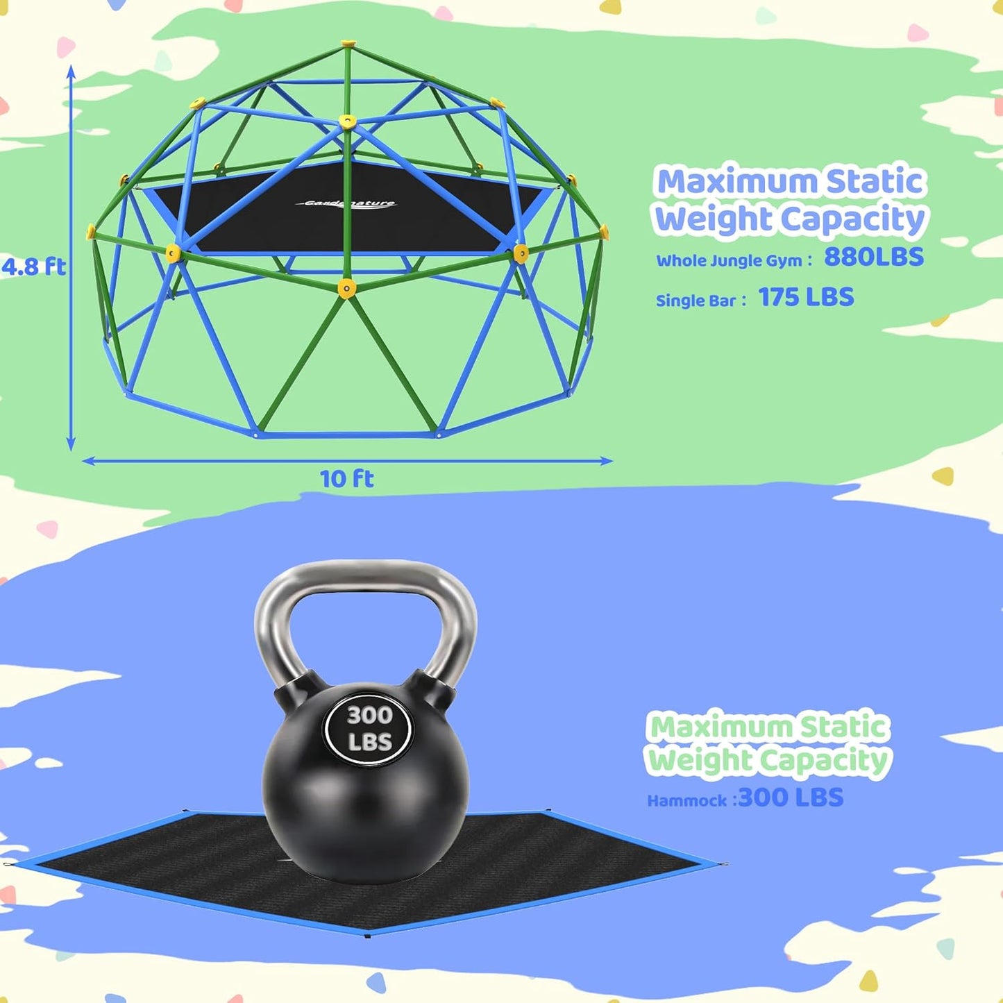 Gardenature 10FT Climbing Dome with Hammock, Outdoor Jungle Gym for Kids, Geometric Dome Climber Supporting 880 Lbs Anti-Rust Metal Outdoor Play Structure ASTM Approved Blue & Green