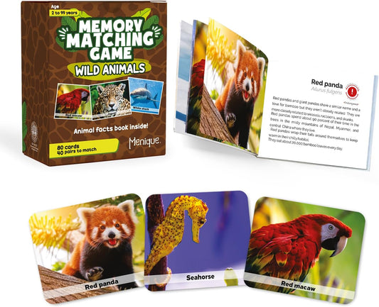 Menique Wild Animals Memory Matching Game – 80 Cards (40 Pairs) with Real Photos – Includes Educational Booklet with Animal Facts – Fun & Cognitive Game for Kids and Adults
