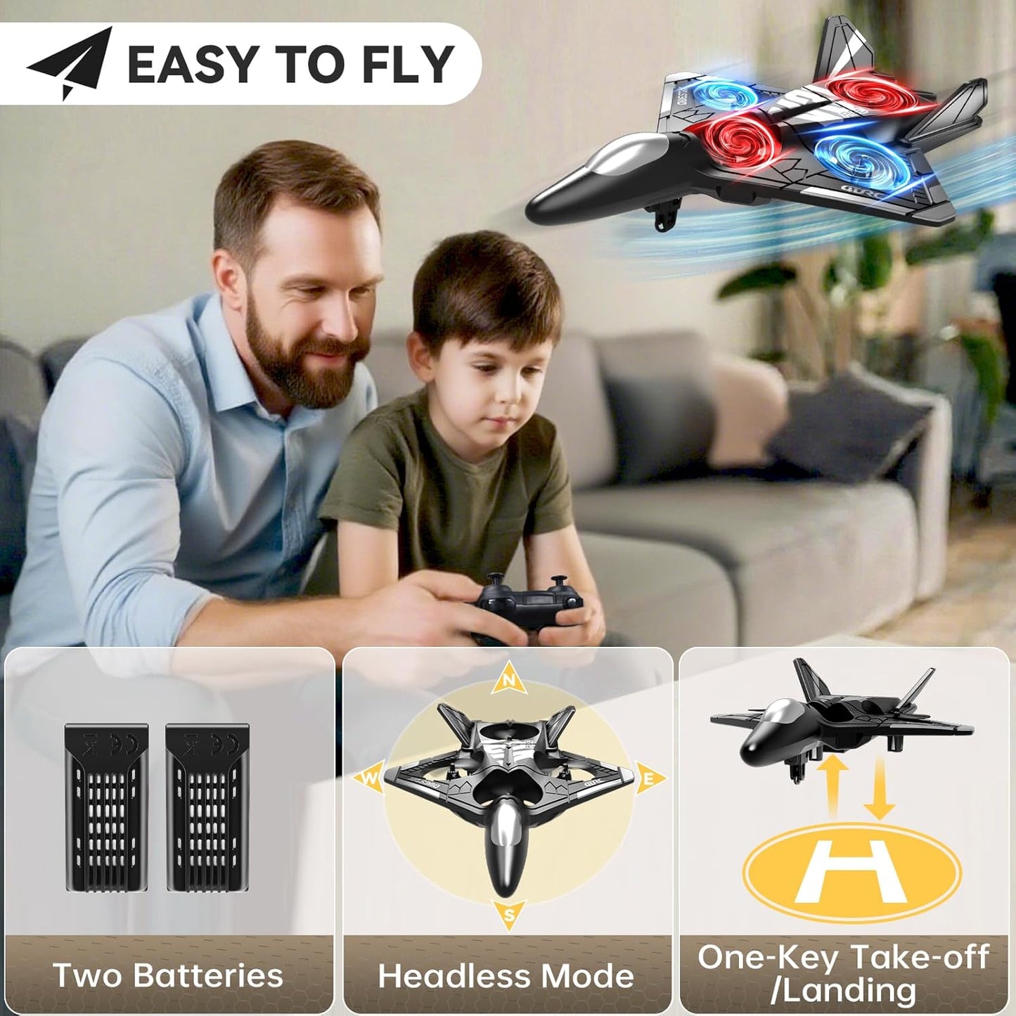 4DRC V31 Foam RC Planes Remote Control Airplanes for Kids Adults 4-7 8-16, Remote Control Planes Fighter Jet with Light, 360° Flip Fighter Jet Toy, Gravity Sensing, Stunt Roll, Gifts for Kids Boys