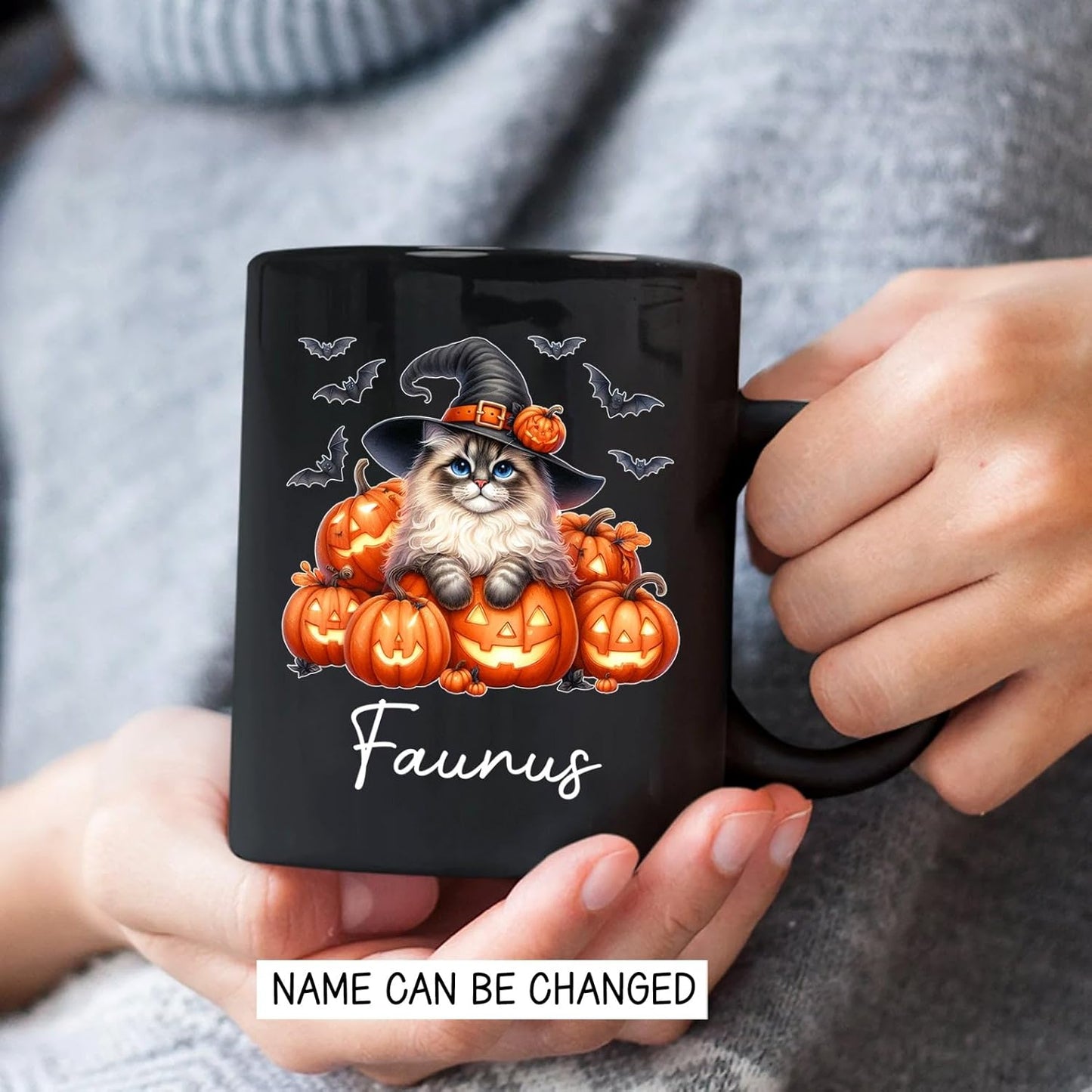 Personalized Ragdoll with Pumpkins Mug Gift for Halloween, Customized Name Ragdoll Witch Hat Coffee Cup, Unique Cat Breeds Ceramic Mug, Cat Dad Mom Halloween Cup, Black Tea Cups 11oz 15oz