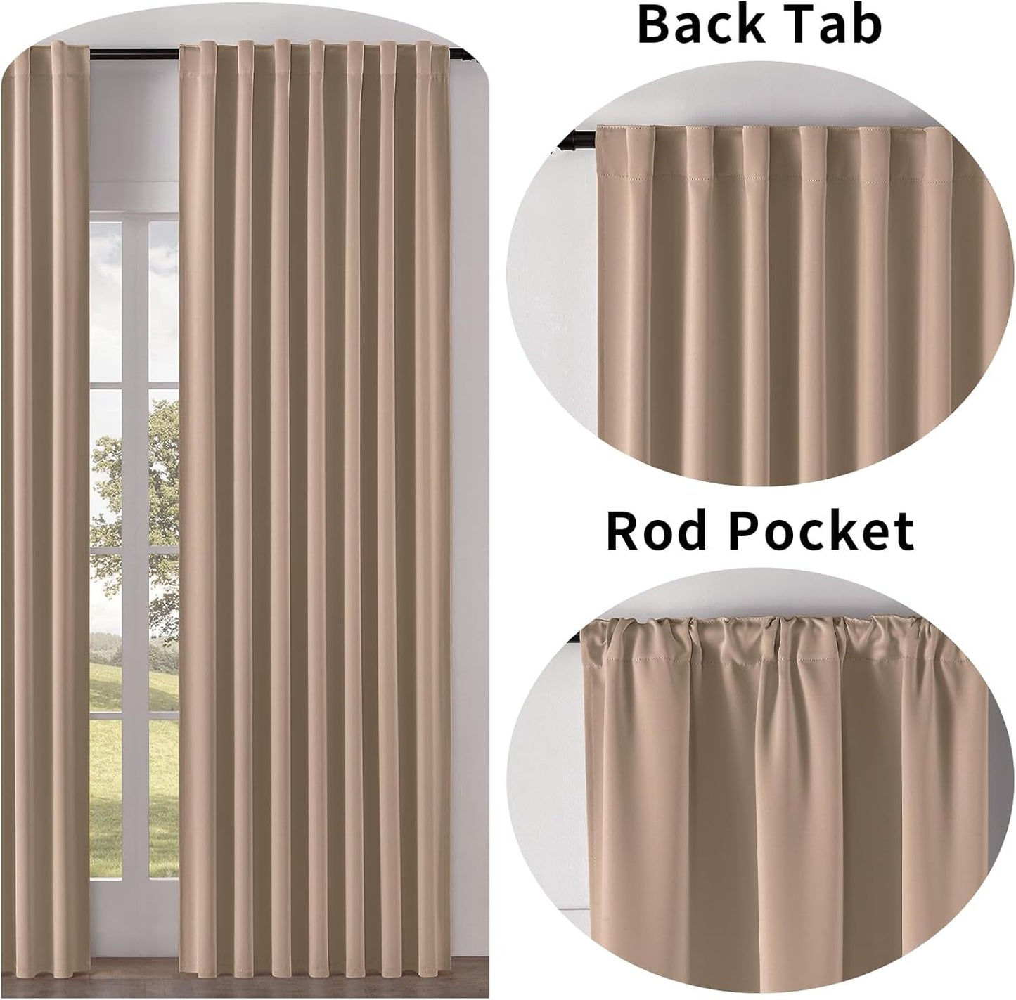 Joydeco Blackout Curtains 108 Inches Long, Thermal Insulated Black Out Curtains 2 Panels Set, Room Darkening Drapes for Living Room Window Rod Pocket Back Tab (W52 x L108 Inch, Khaki)