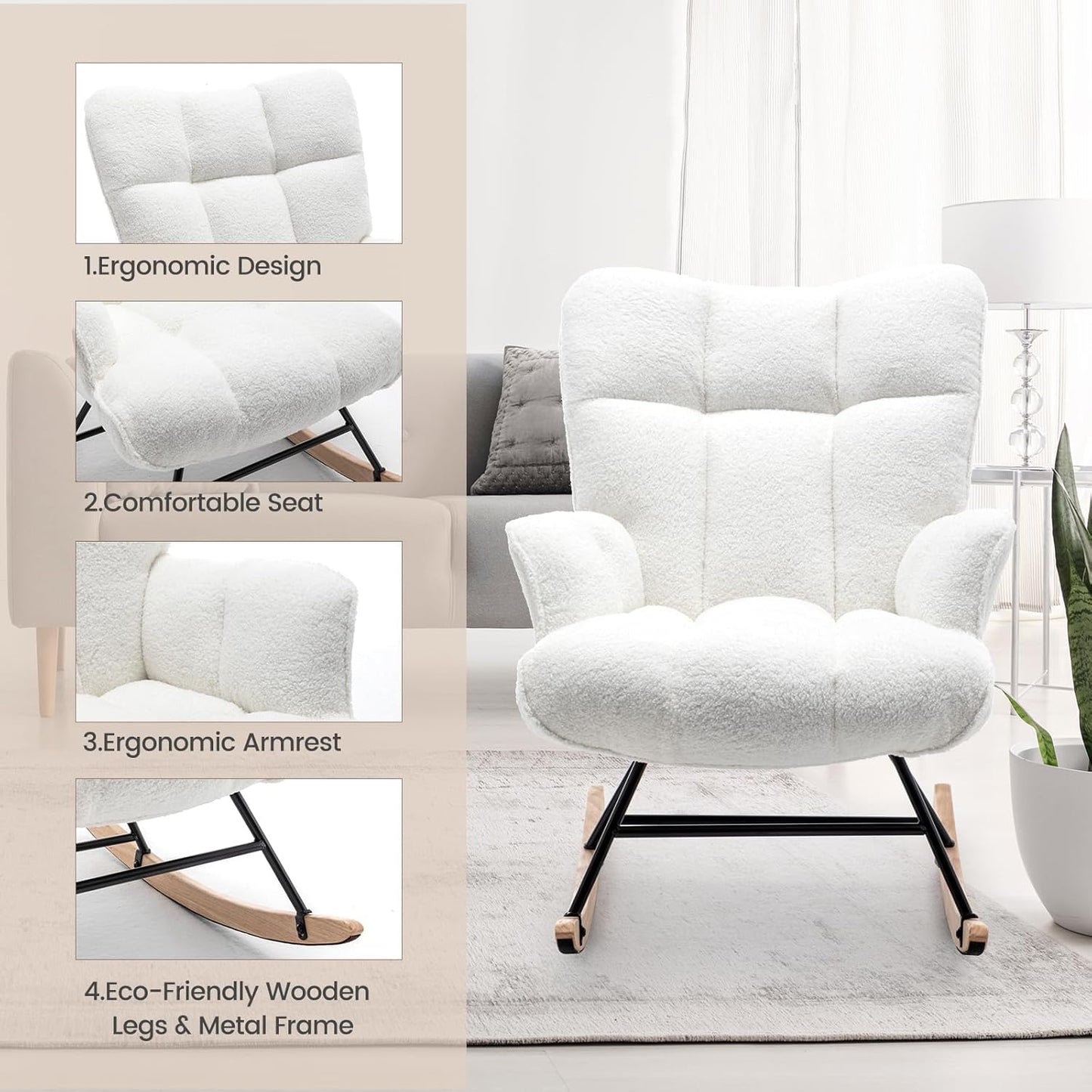 Rocking Chair Nursery Teddy Upholstered Glider Rocker Rocking Accent Chair Padded Seat with High Backrest Armchair Comfy Side Chair for Living Room Bedroom Offices (White Teddy)