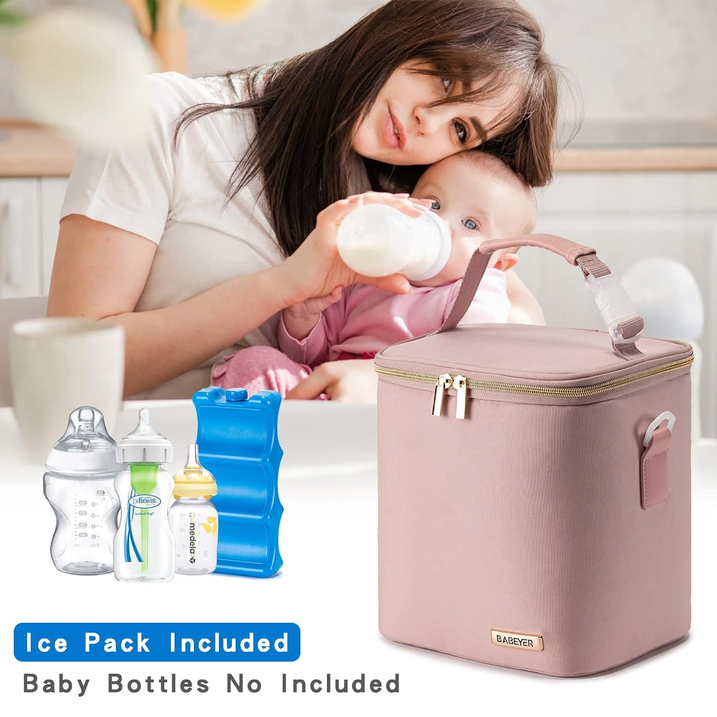 Breast Milk Cooler Bag with Ice Pack Fits 6 Baby Bottles Up to 9 Ounce, Baby Bottle Bag with Shoulder Strap for Nursing Mom Daycare, Pink