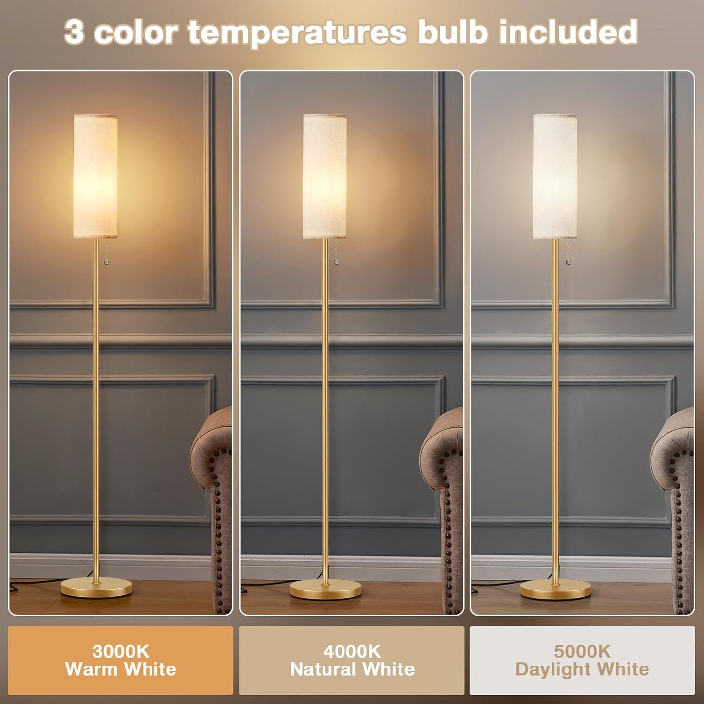 Ambimall Floor Lamp for Living Room with 3 Color Temperatures Bulb, 64" Standing lamp with Linen lampshade for Bedroom, Minimalist Pole Lamp, Beige Shade & Gold Pole