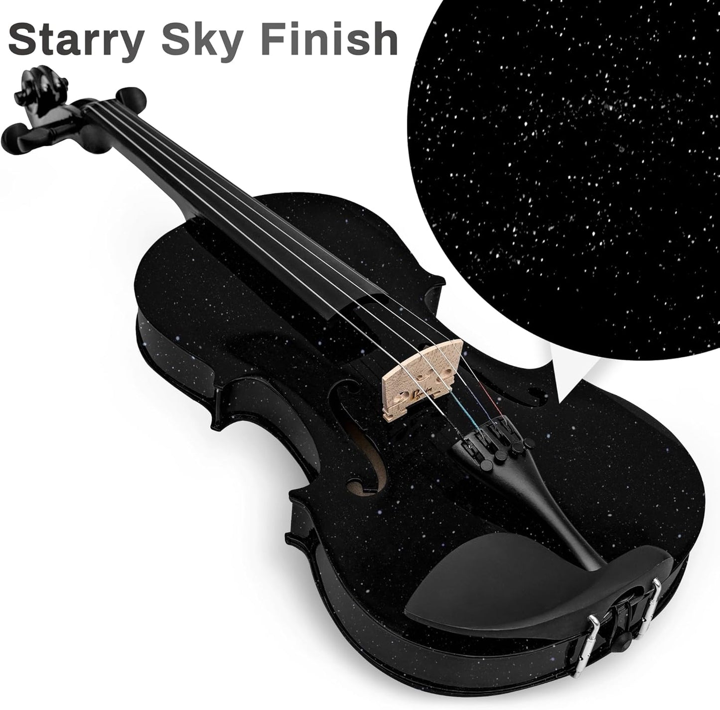 Poseidon 1/4 Violin for Beginner Fiddle Kit, Violin 1/4 Size for Student Stringed Musical Instrument w/Case, Two Strings Set, Two Bows, Two Bridges, Two Rosins, Clip-on Tuner, Manual - Glossy Black