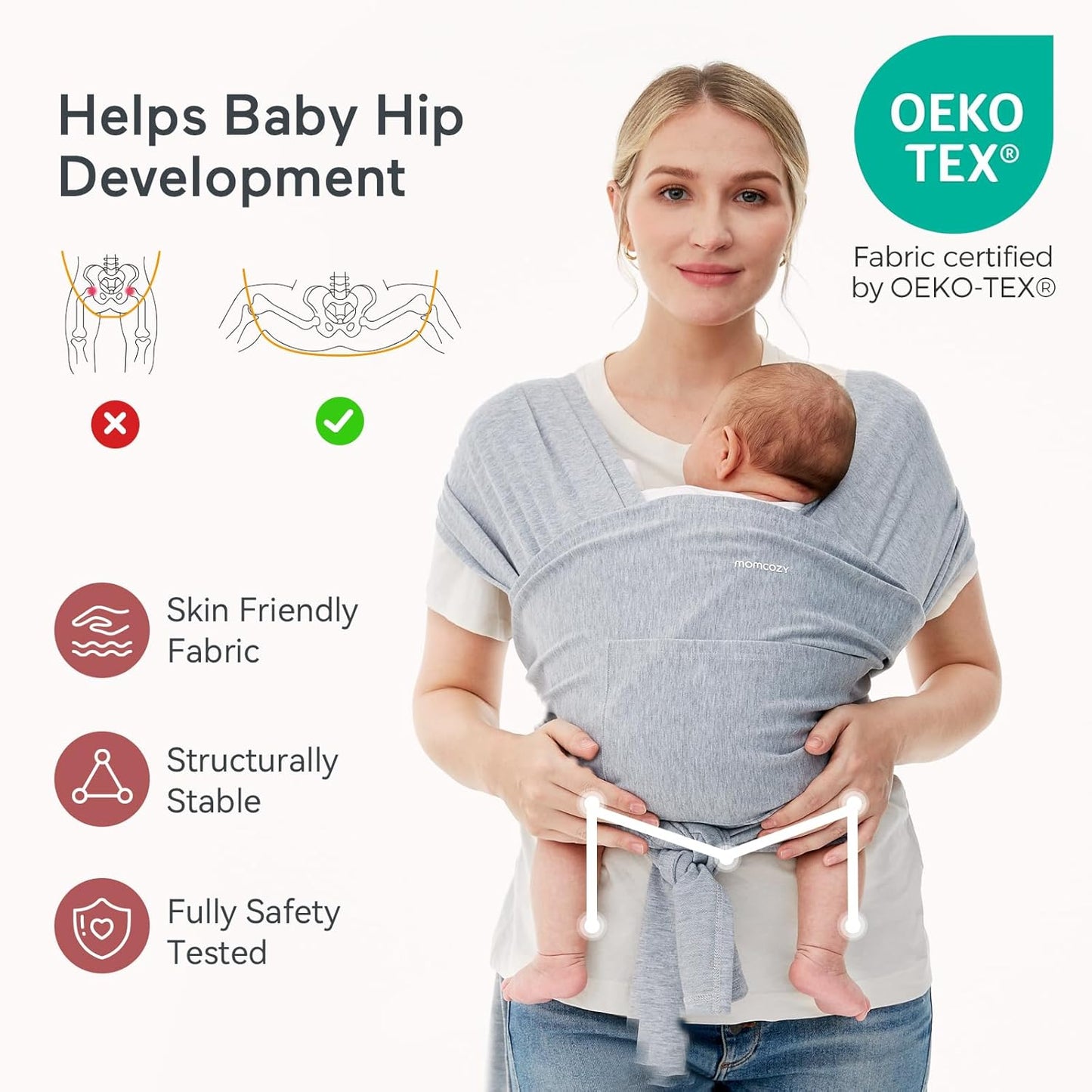 Momcozy Baby Wrap Carrier, Easy to Wear Infant Carrier Slings, Lightweight Hands Free Baby Sling, Adjustable Baby Carriers for Newborn to Toddler 8-35 lbs, Grey