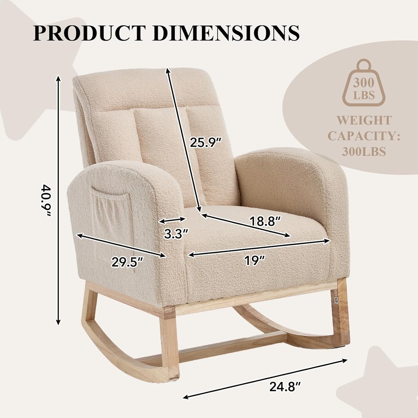 NIOIIKIT Nursery Rocking Chair, Teddy Upholstered Glider Chair with Side Pocket, Glider Rocker Chair with Tufted Back, Comfy Accent Nursing Chair for Living Room (Beige Modern)