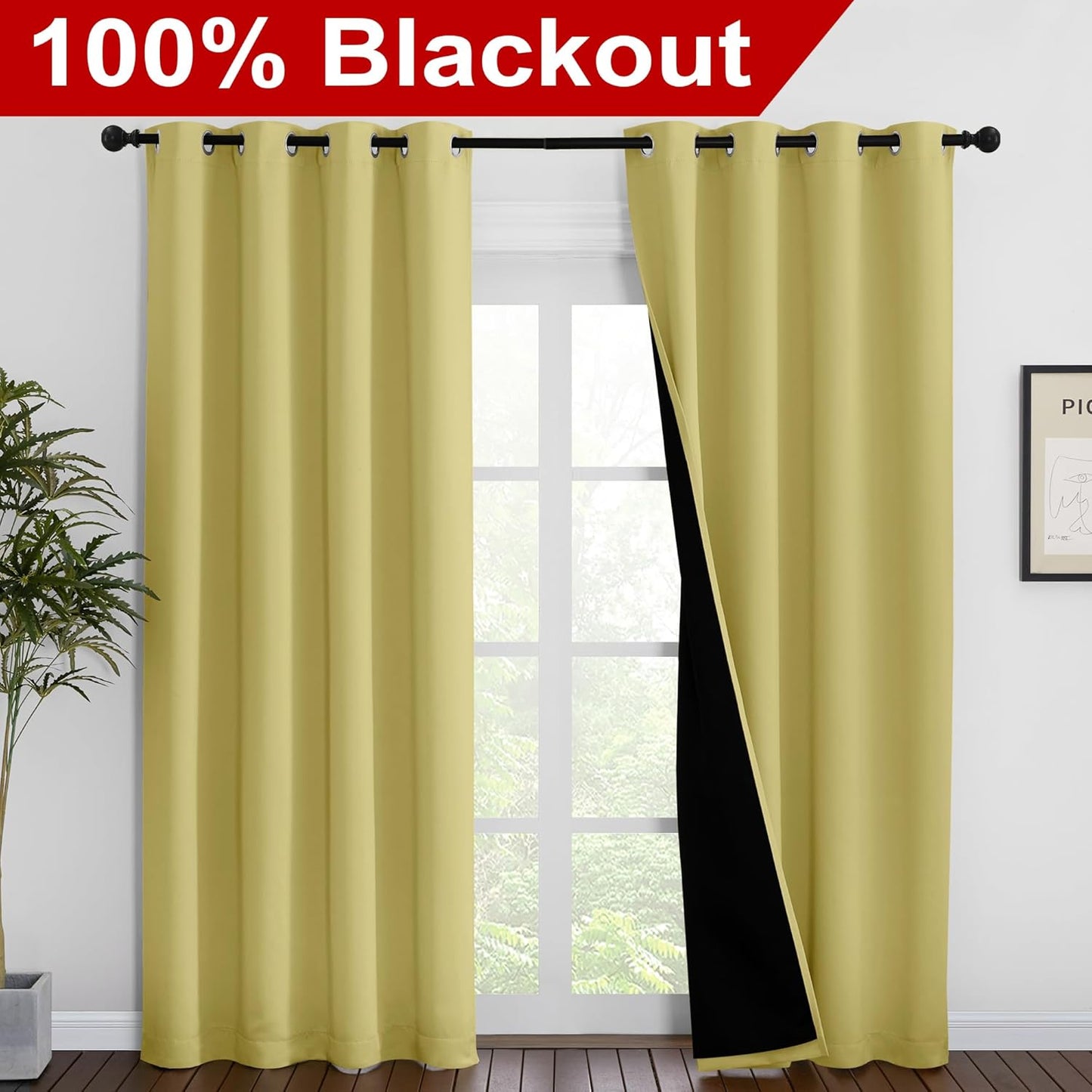 NICETOWN Paler Yellow Full Shade Curtain Panels, Pair of Energy Smart & Noise Blocking Out Blackout Drapes for Dining Room Window, Thermal Insulated Guest Room Lined Window Dressing, 55 x 86 inch