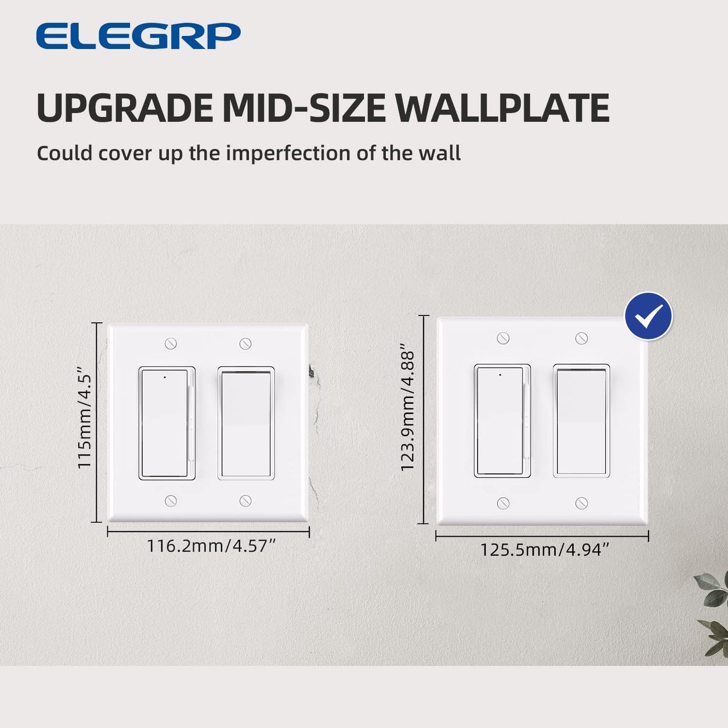 ELEGRP 2-Gang Decorative Wall Plates, Mid-Size 4.88" H x 4.94" L Unbreakable Thermoplastic Faceplate Cover for Decorator Receptacle Outlet Switch, UL Listed (2 Pack, Glossy White)