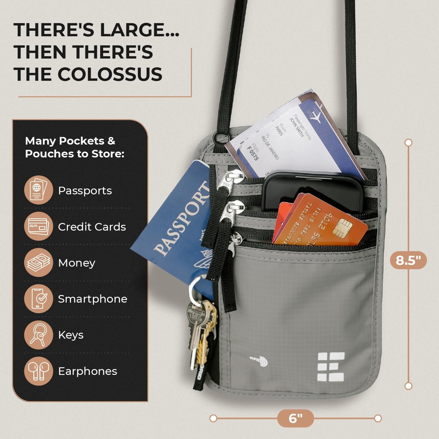 Neck Wallet for Travel & Passport Holder with RFID Blocking - Slim & Easy to Conceal Nylon Travel Pouch for men & women - Holds Phone, Cash, Cards, Keys - Sweat & Water Resistant - X-Large- Light Grey