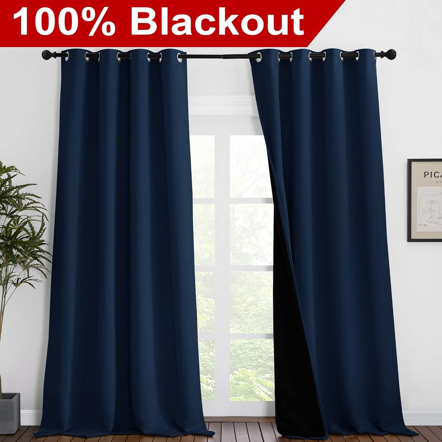 NICETOWN 100% Blackout Blinds, Laundry Room Decor Window Treatment Curtains, Thermal Insulated Energy Smart Drapes and Draperies for Villa, Hall and Studio, Navy Blue, Set of 2, 55 inches x 96 inches