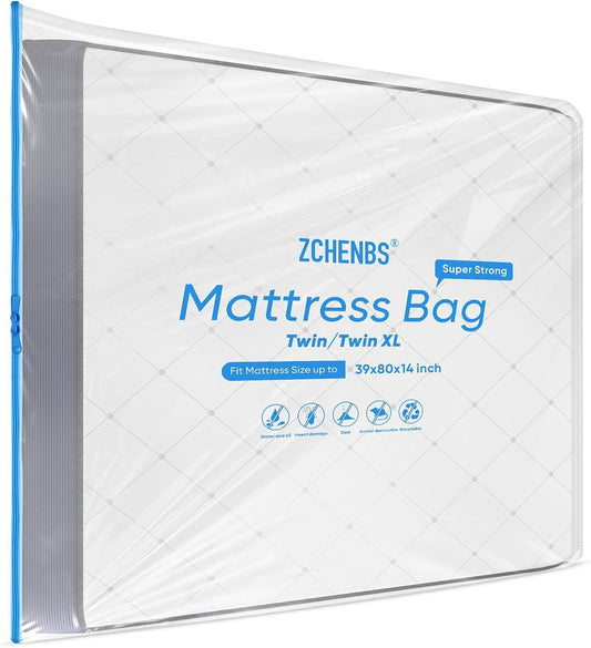 ZCHENBS® – Mattress Bags for Moving and Storage,Mattress Bag with Zippers,5 Mil Ultra-Thick Bed Bag,Waterproof,Anti-Tear,Heavy-Duty Mattress bag (Transaparent/Blue, Twin/Twin XL-(1 Pack))