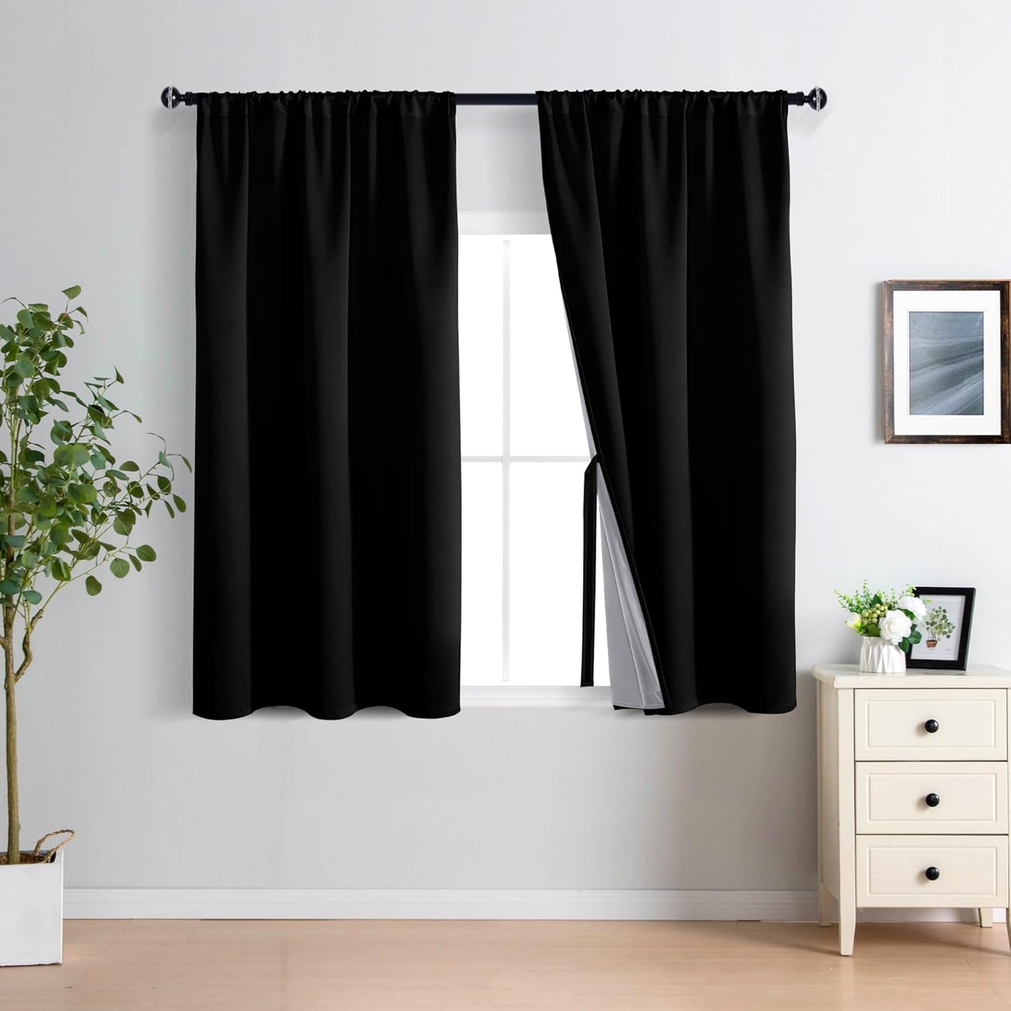 XWZO 100% Blackout Curtains 45 Inches Length with Tiebacks- Rod Pocket Full Shade Window Drapes Thermal Insulated Double Layer with Black Liner for Bedroom/Living Room, Black, W42 x L45, Set of 2