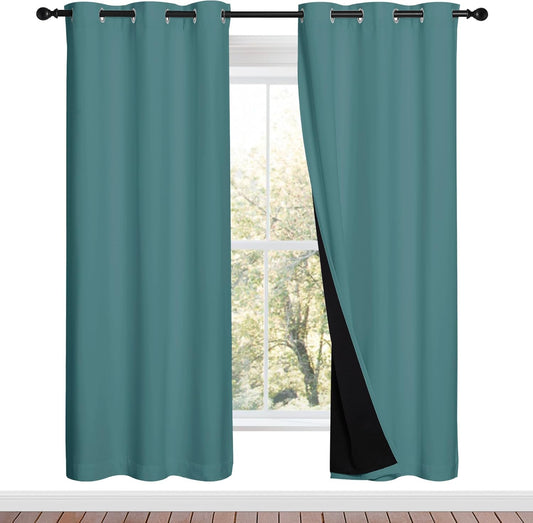 NICETOWN 100% Blackout Window Curtain Panels, Sea Teal, 2 Pieces, 42-inch Wide Per Panel, Full Light Blocking Drapes with Black Liner for Nursery, 72-inch Drop Thermal Insulated Draperies