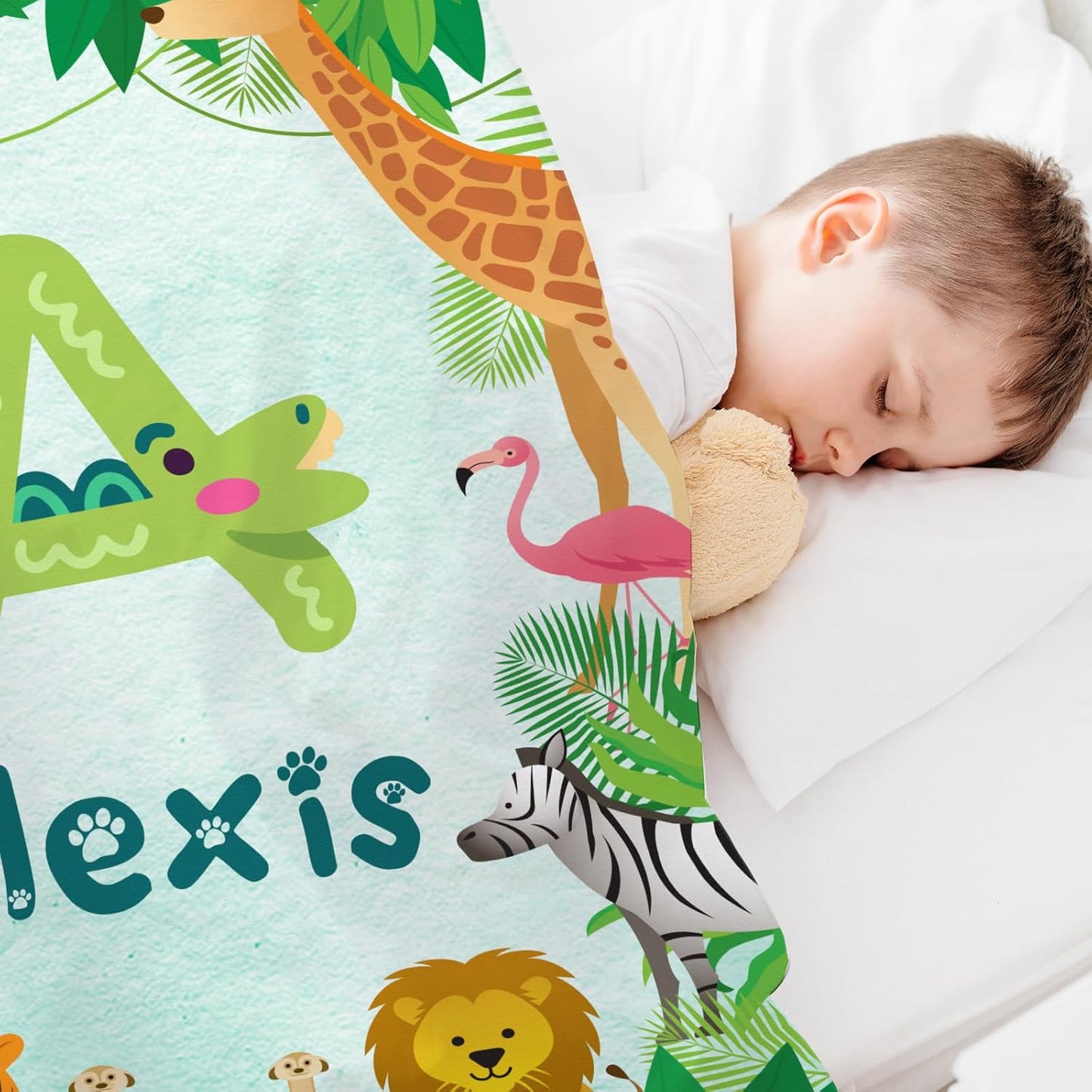 Personalized Cute Animal Baby Blanket, Custom Initial Jungle Swaddle Blanket with Name Customized Super Soft Nursery Fleece Throw Blankets for Newborns Baby Shower Girls Kids Birthday
