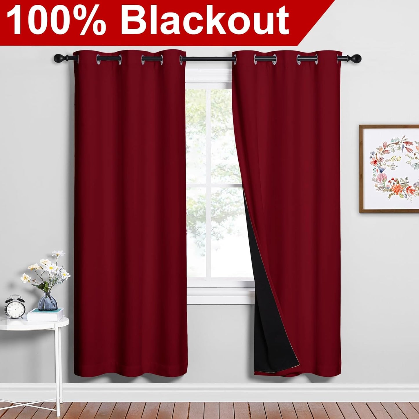 NICETOWN 100% Blackout Window Curtain Panels, Burgundy Red, 2 Pieces, 42-inch Wide Per Panel, Full Light Blocking Drapes with Black Liner for Nursery, 72-inch Drop Thermal Insulated Draperies