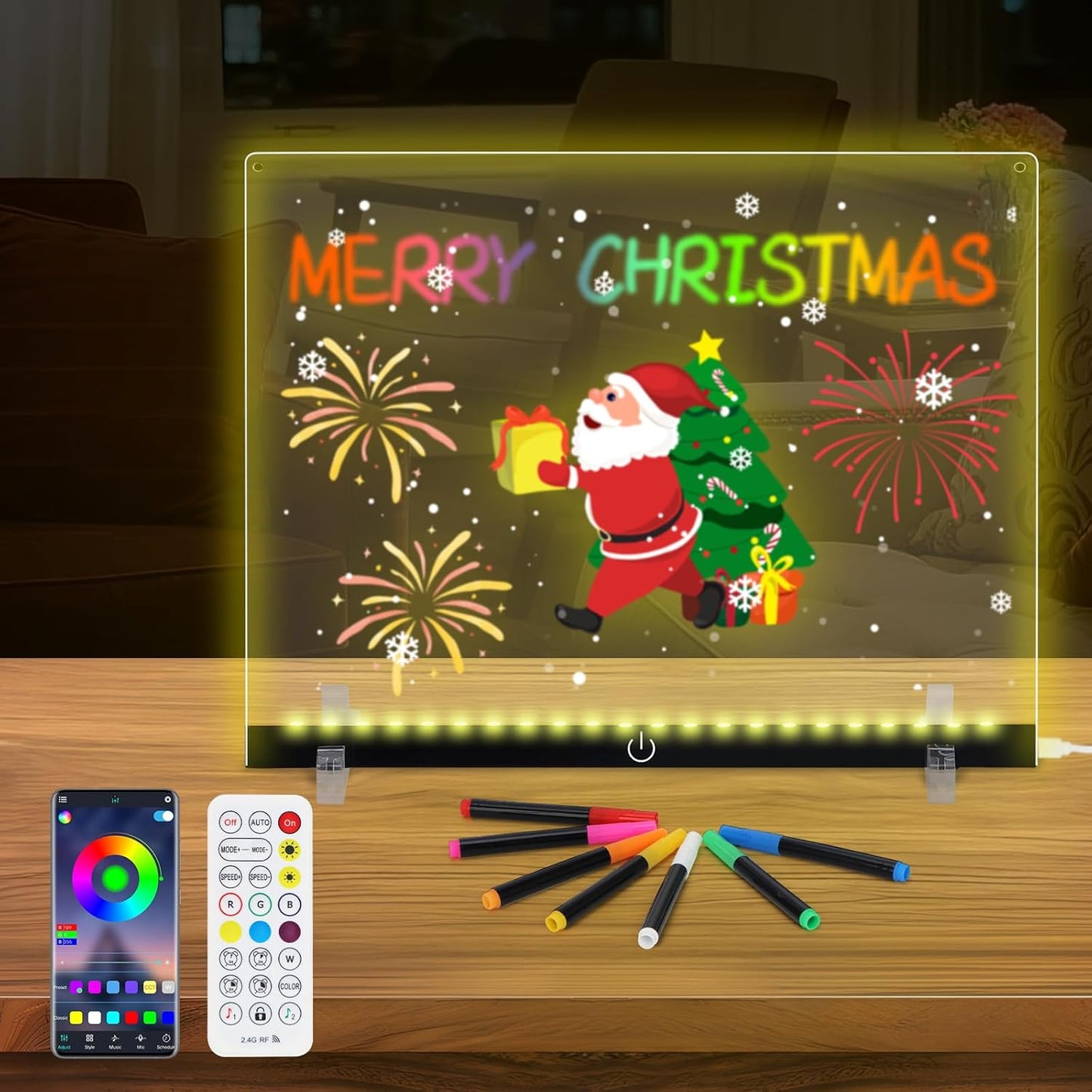 Doodle Glow, LED Note Board with Colors, 14.1"x10.9" Wooshneesham Acrylic Dry Erase Board, 16M-Color LED Light-Up Memo w/Music Sync, APP & Remote, Stand & 7 Markers, Battery Case, Neon Glow (Black)