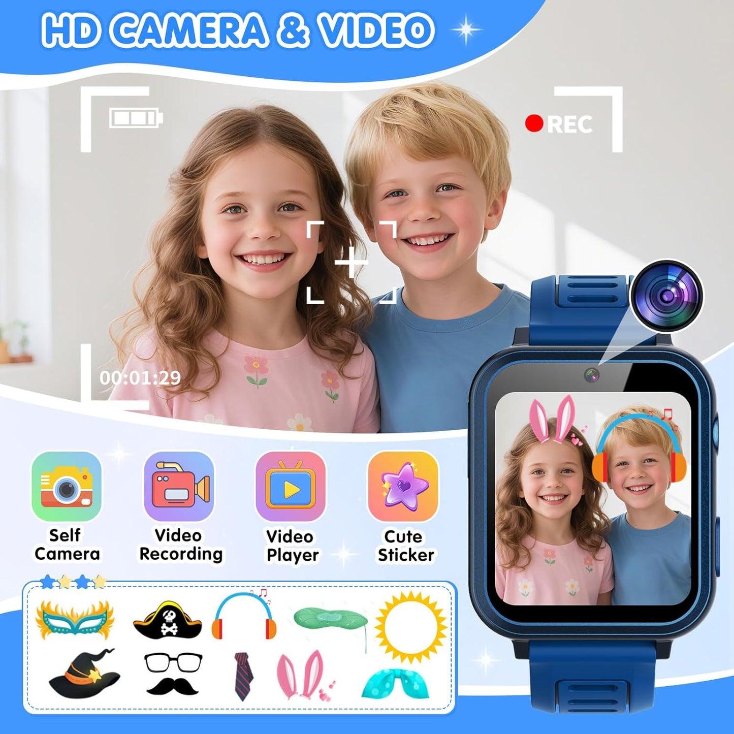 Smart Watch for Kids with 39 Games Touchscreen Camera Video, Music Player, Pedometer, Calculator, Calendar, Stopwatch, Flashlight, Alarm Clock 12/24 hr, Birthday Gifts Toys for Boys Ages 3-12