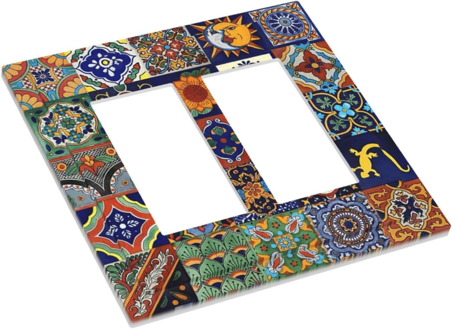 Talavera Mexican Tiles Traditional Color Decoration Print Decorative Outlet Covers 2 Gang Double GFCI Rocker Electrical Wall Panels Light Switch Cover Plate for Kitchen Bathroom Decor