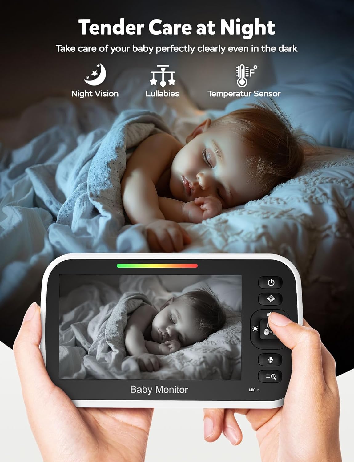 GoodBaby Baby Monitor with Camera and Audio - No WiFi, Remote Pan-Tilt-Zoom, Night Vision, Temperature Sensor, 2-Way Talk, 8 Lullabies, 30-Hour Battery Life，960ft Long Range