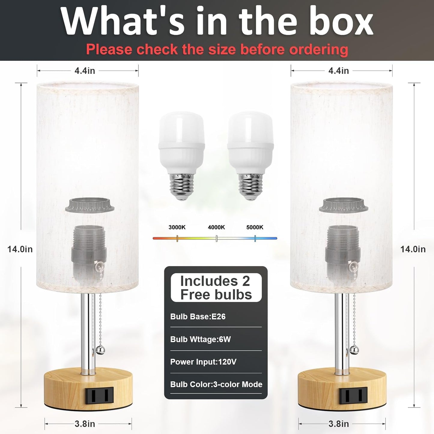 Wood Grain Bedside Table Lamps Set of 2-3 Color Temperatures Pull Chain Lamp with AC Outlet Charging Port, Round Night Stand Lamps for Bedroom Office, Small Bed Light with E26 LED Bulbs