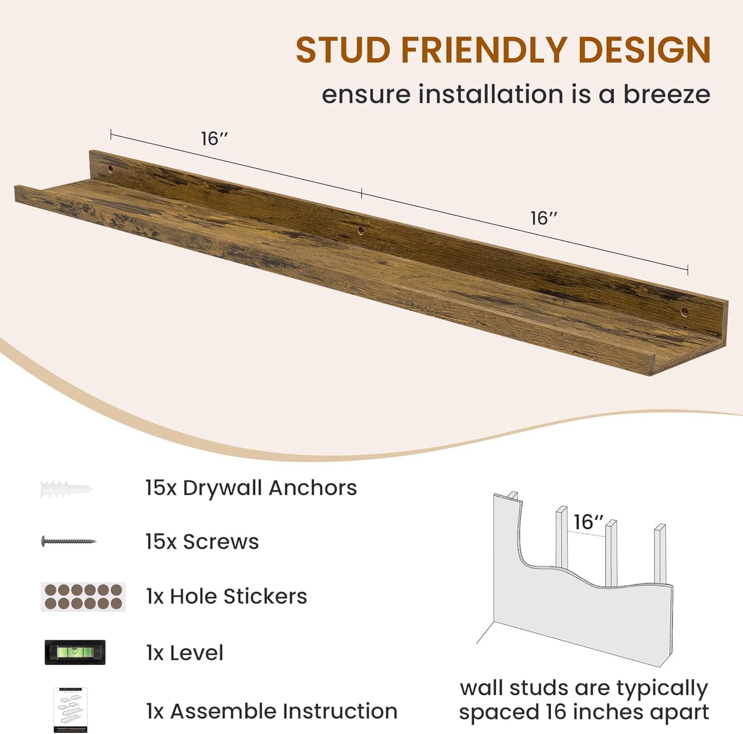 Axeman Picture Ledge Shelf, Floating Shelves for Wall Storage Set of 6, 36 inch Floating Wall Mounted Shelves, Wall Shelves with Lip for Living Room, Bedroom, Nursery, Bathroom, Kitchen, Rustic Brown