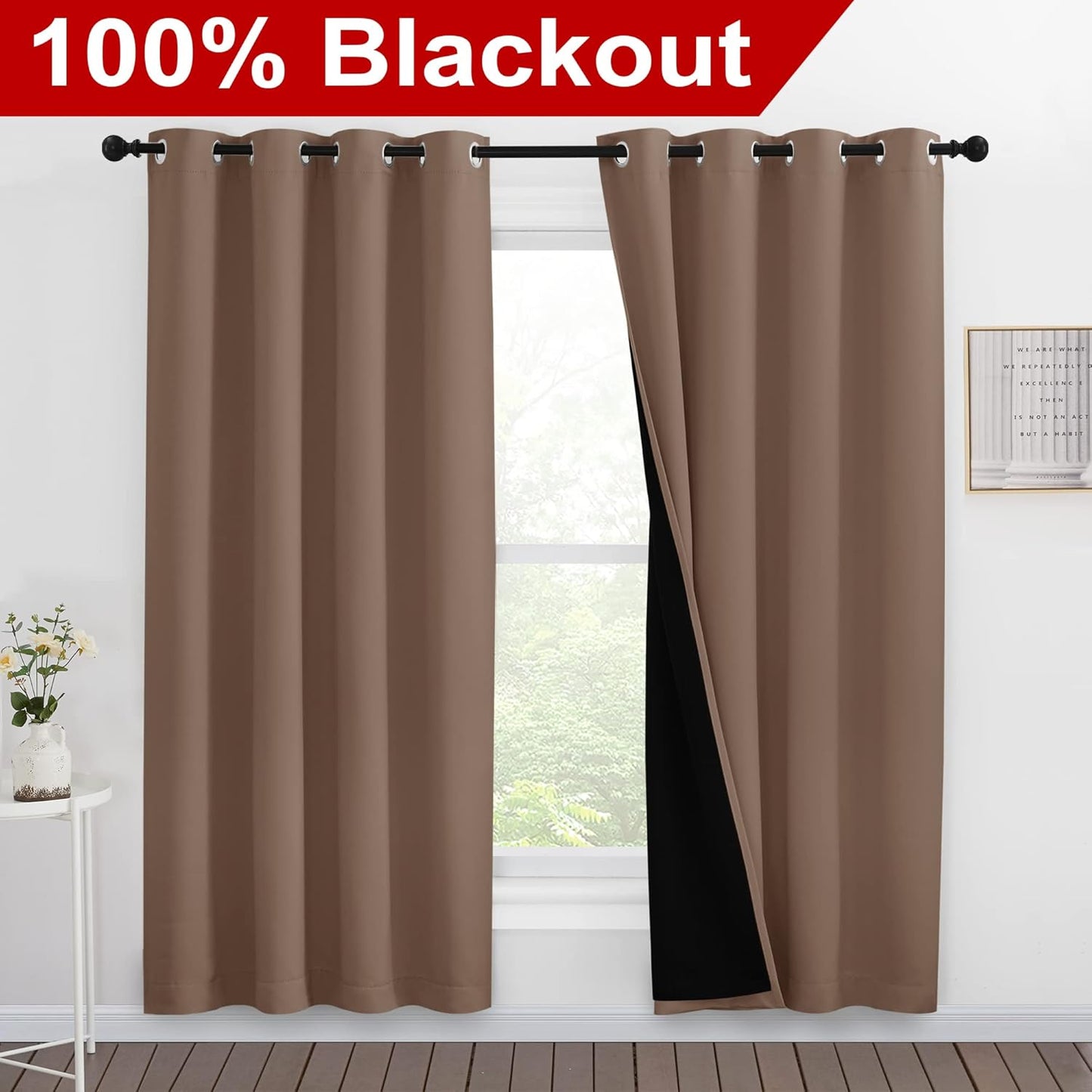 NICETOWN Living Room Completely Shaded Draperies, Privacy Protection & Noise Reducing Ring Top Drapes, Black Lined Insulated Window Treatment Curtain Panels(Cappuccino, 2 Pieces, W55 x L78)