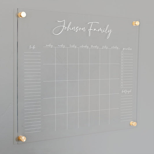Personalized Clear Acrylic Calendar for Wall, Calendar Whiteboard for Wall, Dry Erase Wall Calendar, Wall Calendar Organizer System for Home (Cursive, White, 23"W x18.5"H)