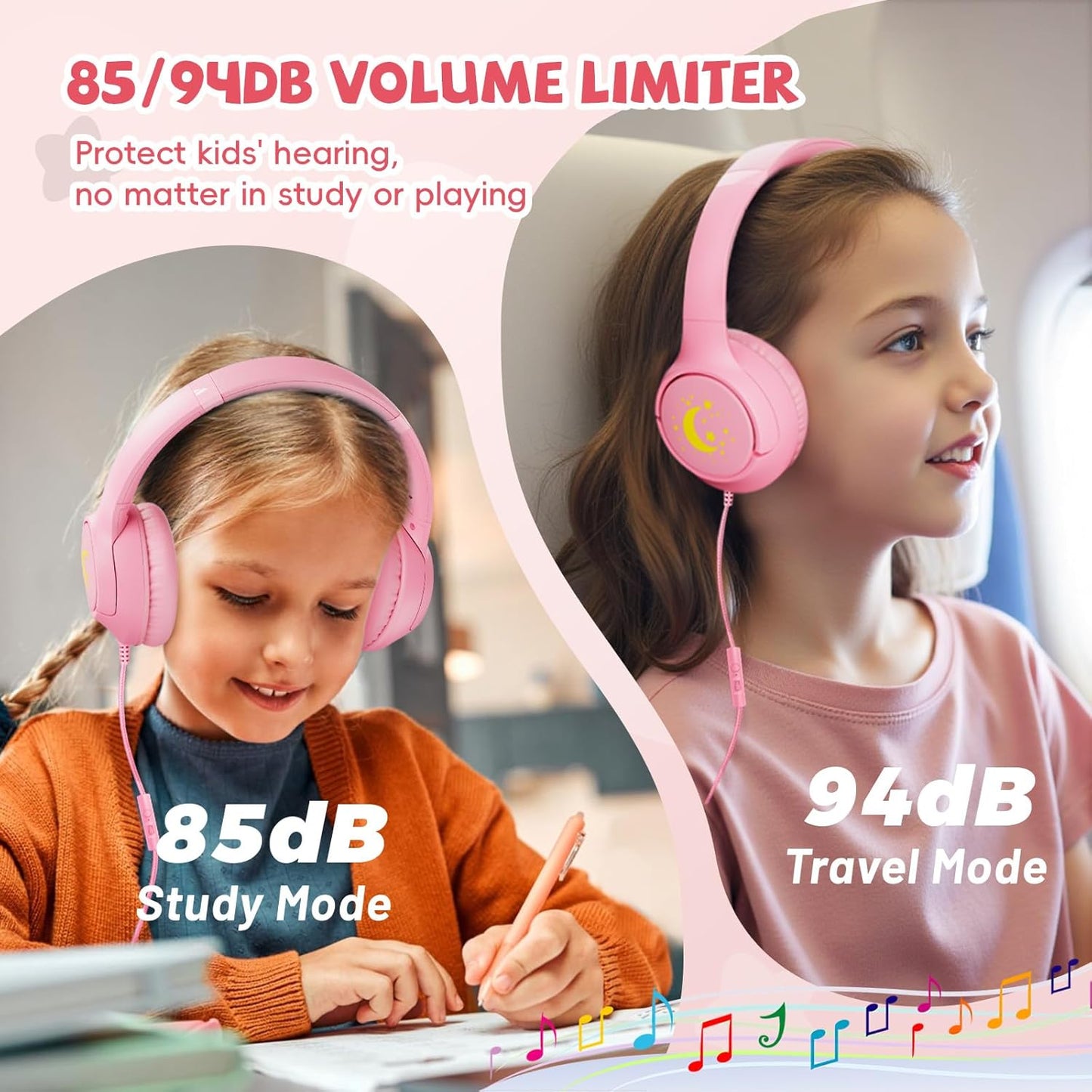 Kids Headphones with Microphone for School, 85/94 dB Volume Limit, Wired Over Ear Girls Headphones for Kids with Stereo Sound 3.5mm Wired Cord for Kindle Tablet Airplane Travel, Pink