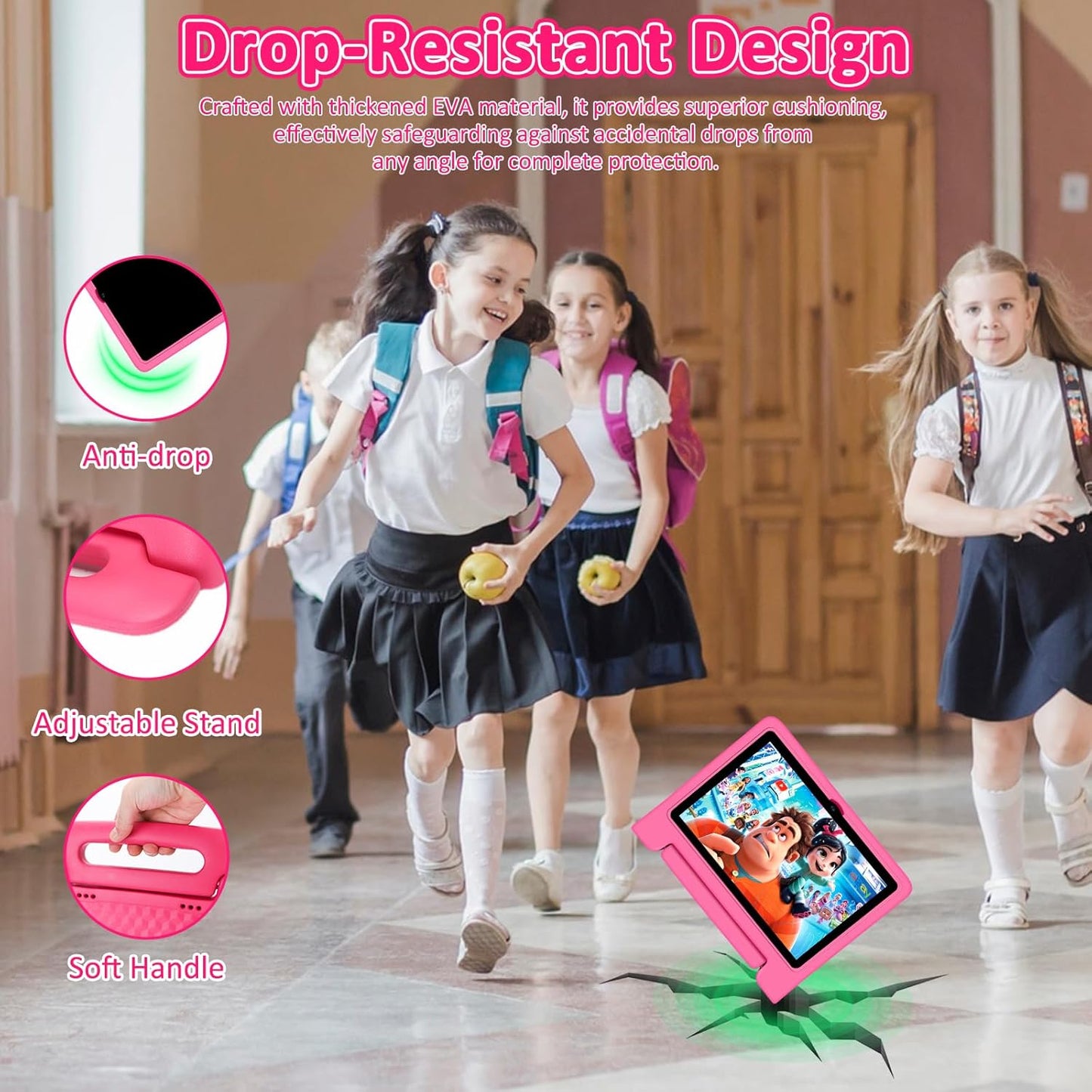 Tablet for Kids, 10.1 inch IPS HD Touchscreen Android 14 64 GB Storage, 8GB RAM, Octa-Core Kids Tablet, Parental Controls, 12-hr Battery, WiFi, GPS - Pink