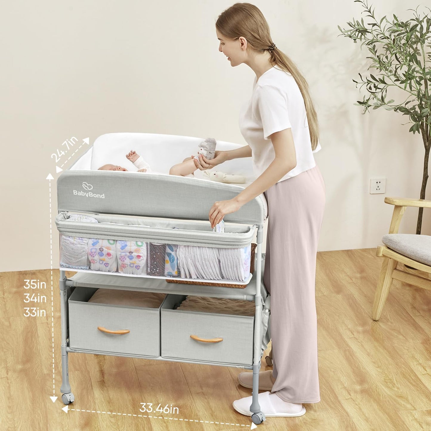 BabyBond Portable Baby Changing Table with 2 Storage Baskets, Foldable Changing Table Dresser Waterproof Diaper Changing Table Height Adjustable Changing Station for Infant and Newborn(Beige)
