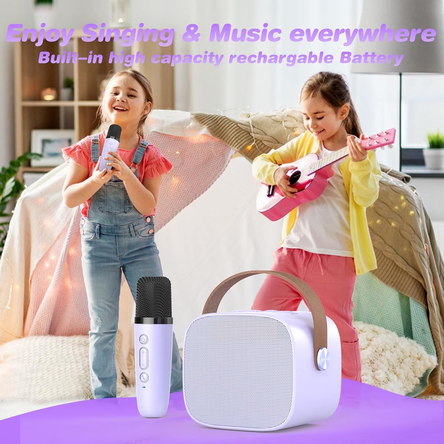 Mini Karaoke Machine,Funny Toys Christmas Birthday Gifts for Kids Age 4-12 Girls,Boys,Adults, Karaoke Microphone Toys for 4,5,6,7,8,9,10,11,12+ Year Old Girls Boys (Purple 2 mics)