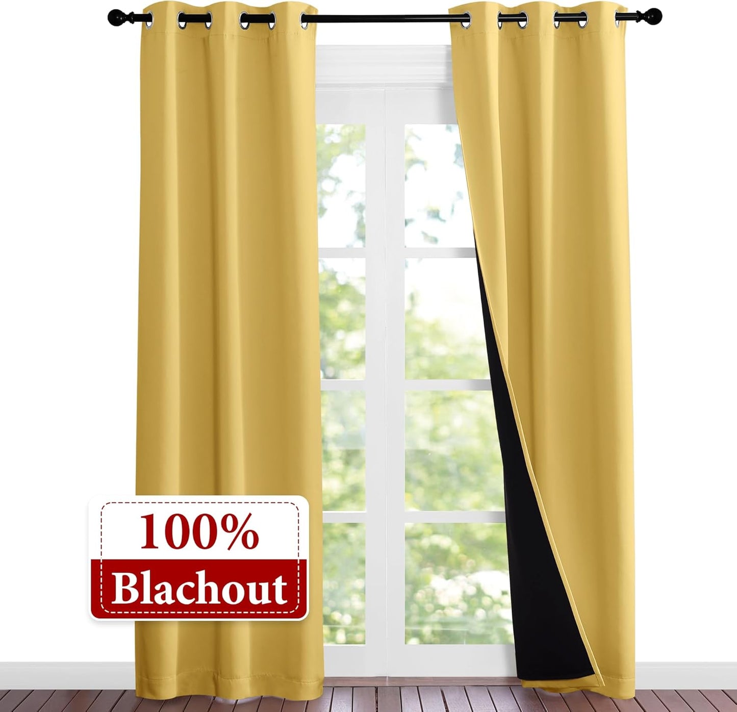 NICETOWN Bright Yellow Full Shade Curtain Panels, 37" Wide x 80" Long, Pair of Thermal Insulated & Energy Efficiency Blackout Curtains for Living Room Windows, Lined Silky Performance Window Dressing