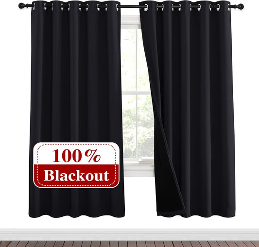 NICETOWN 100% Blackout Window Curtain Panels, Full Light Blocking Drapes with Black Liner for Nursery, 72 inches Drop Thermal Bedroom Drapes and Curtains (Black, 2 Pieces, 62 inches Wide Per Panel)