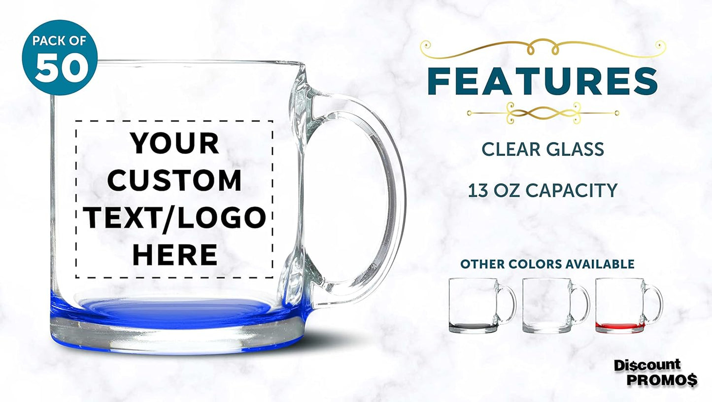 Custom Libbey Clear Glass Coffee Mugs 13 oz. Set of 50, Personalized Bulk Pack - Perfect for Coffee, Tea, Espresso, Hot Cocoa, Other Beverages - Blue Bottom