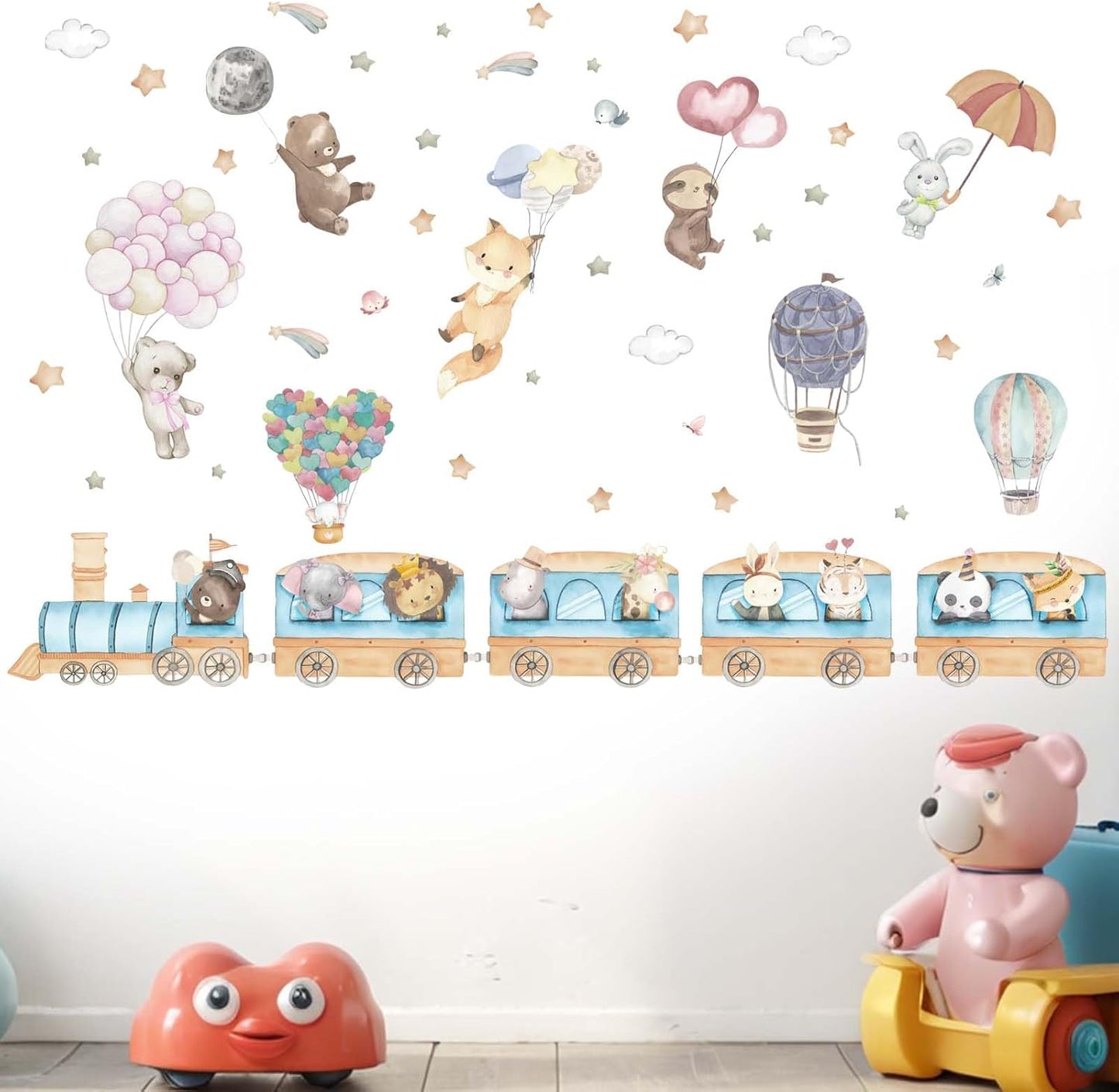 Hot Air Balloon Animal Wall Decals - Elephant Lion Giraffe Train Animal Wall Stickers - Baby Nursery Kids Girls Bedroom Daycare Wall Decor