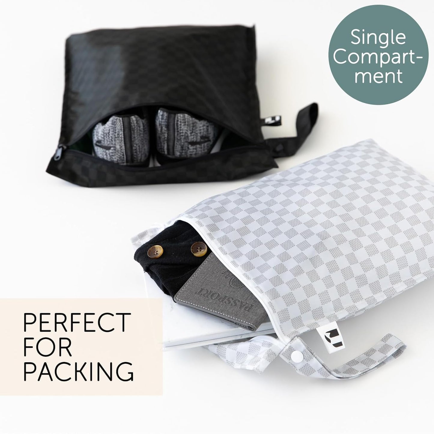 Bumkins Roamio - Waterproof Wet Bag - For Baby, Travel, Swim Suit, Cloth Diapers, Pump Parts, Pool, Gym, Toiletry, Strap to Stroller - Reusable & Easy to Clean - 2pk - Black Check & Off White