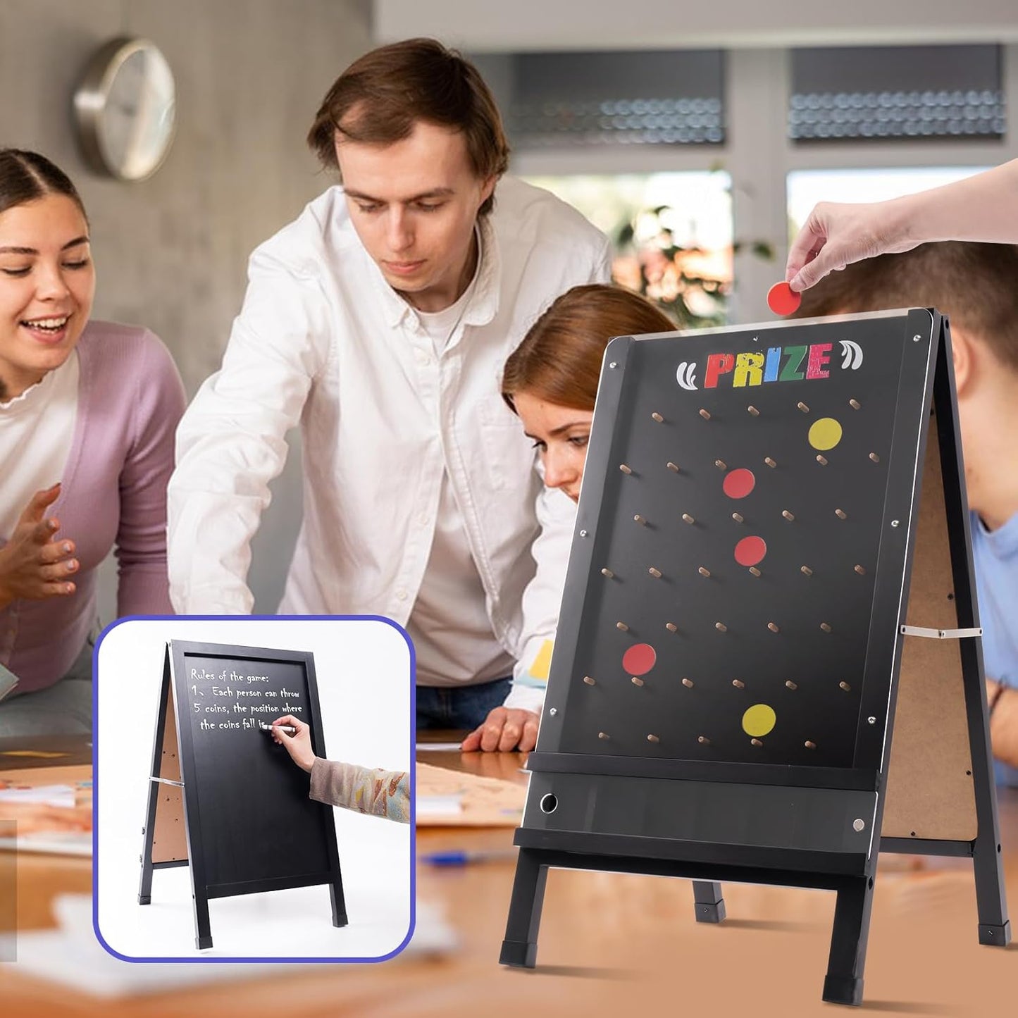 Prize Drop Game Board, 15.7"X27.5" Double-Sided Foldable Design with Wooden A-Frame Chalkboard Sign for Family, Carnival, Trade Show & Party-Includes 10 Coin Drop Discs and Chalk Set, Portable Design
