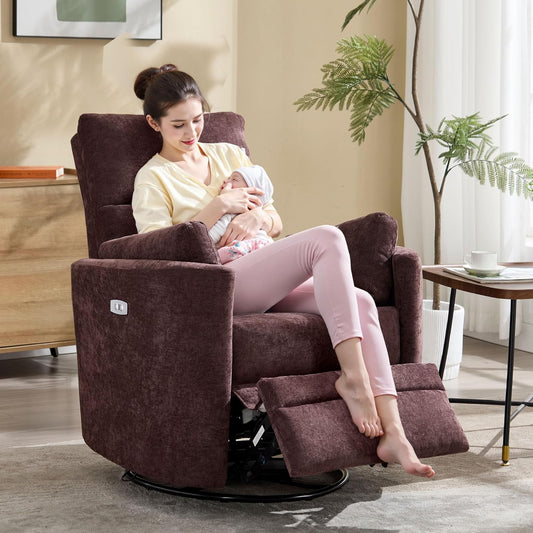 Power Swivel Glider Rocking Recliner,Electric Recliner Upholstered Nursery Chair Adult Rocking Chair with 2 Pillows for Living Room Bedroom(Coffee, Power-Driven)